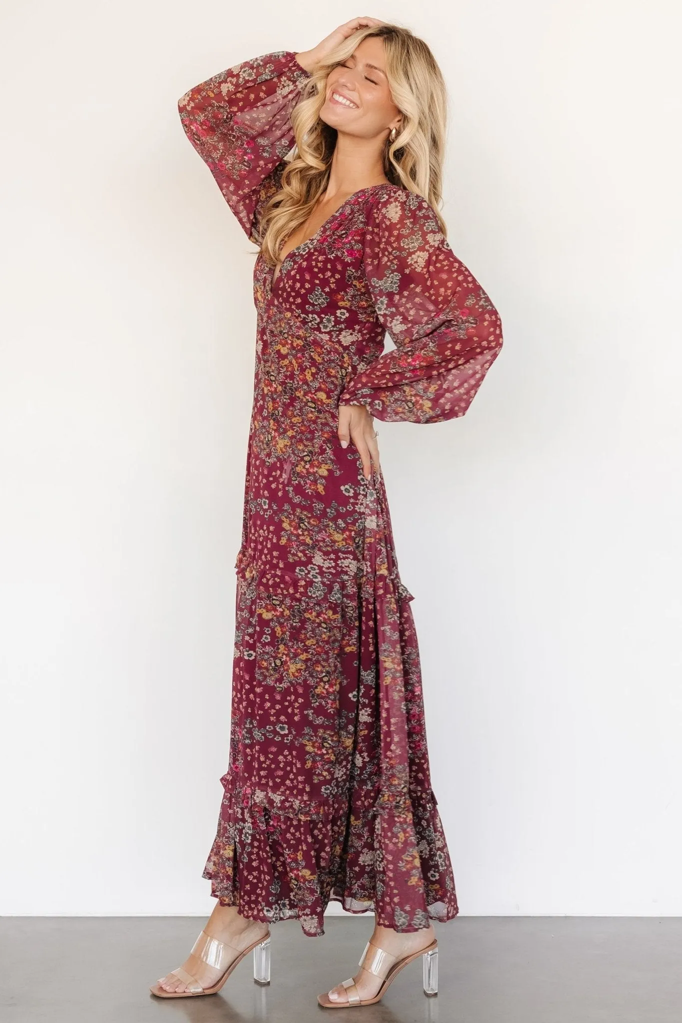 Bowman Deep V Maxi Dress | Burgundy Multi sold by Baltic Born product image thumbnail 3