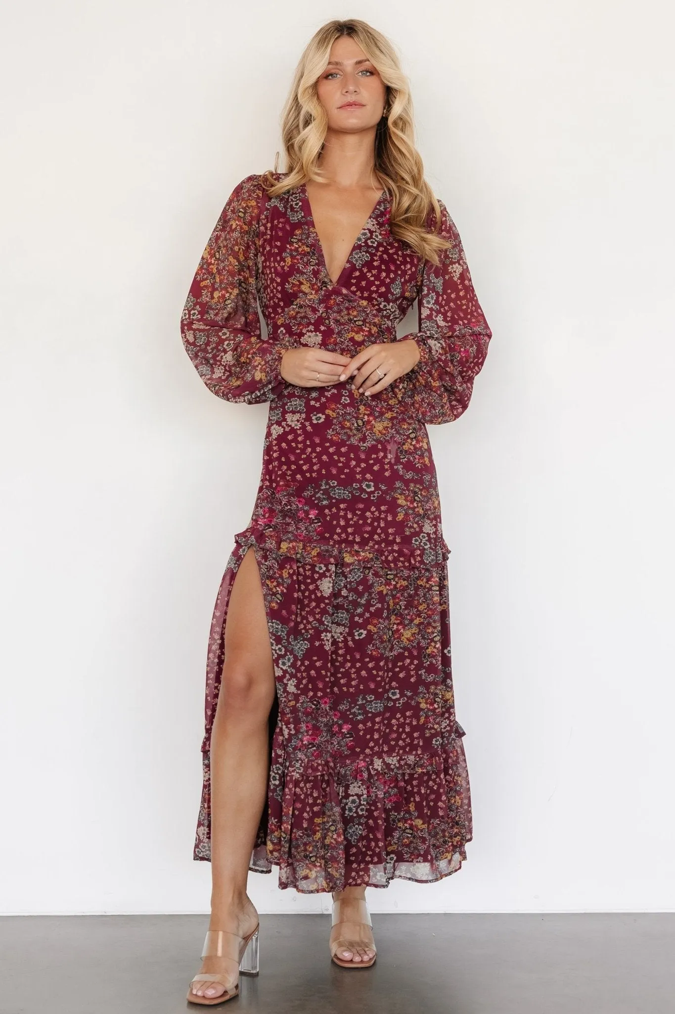 Bowman Deep V Maxi Dress | Burgundy Multi sold by Baltic Born