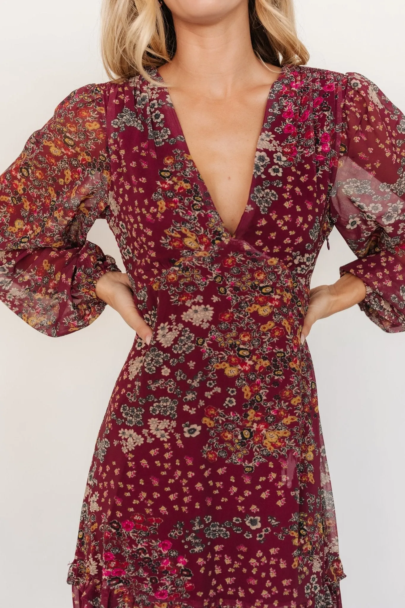 Bowman Deep V Maxi Dress | Burgundy Multi sold by Baltic Born product image thumbnail 2
