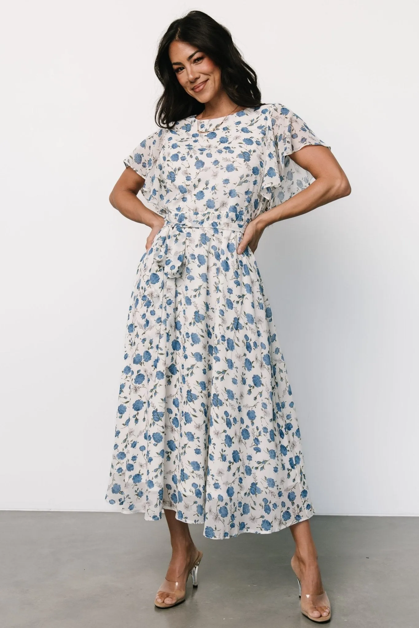 Laurel Midi Dress | Off-White + Blue Floral sold by Baltic Born