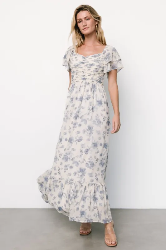 Juliana Pleated Top Dress | Ivory + Blue Floral sold by Baltic Born