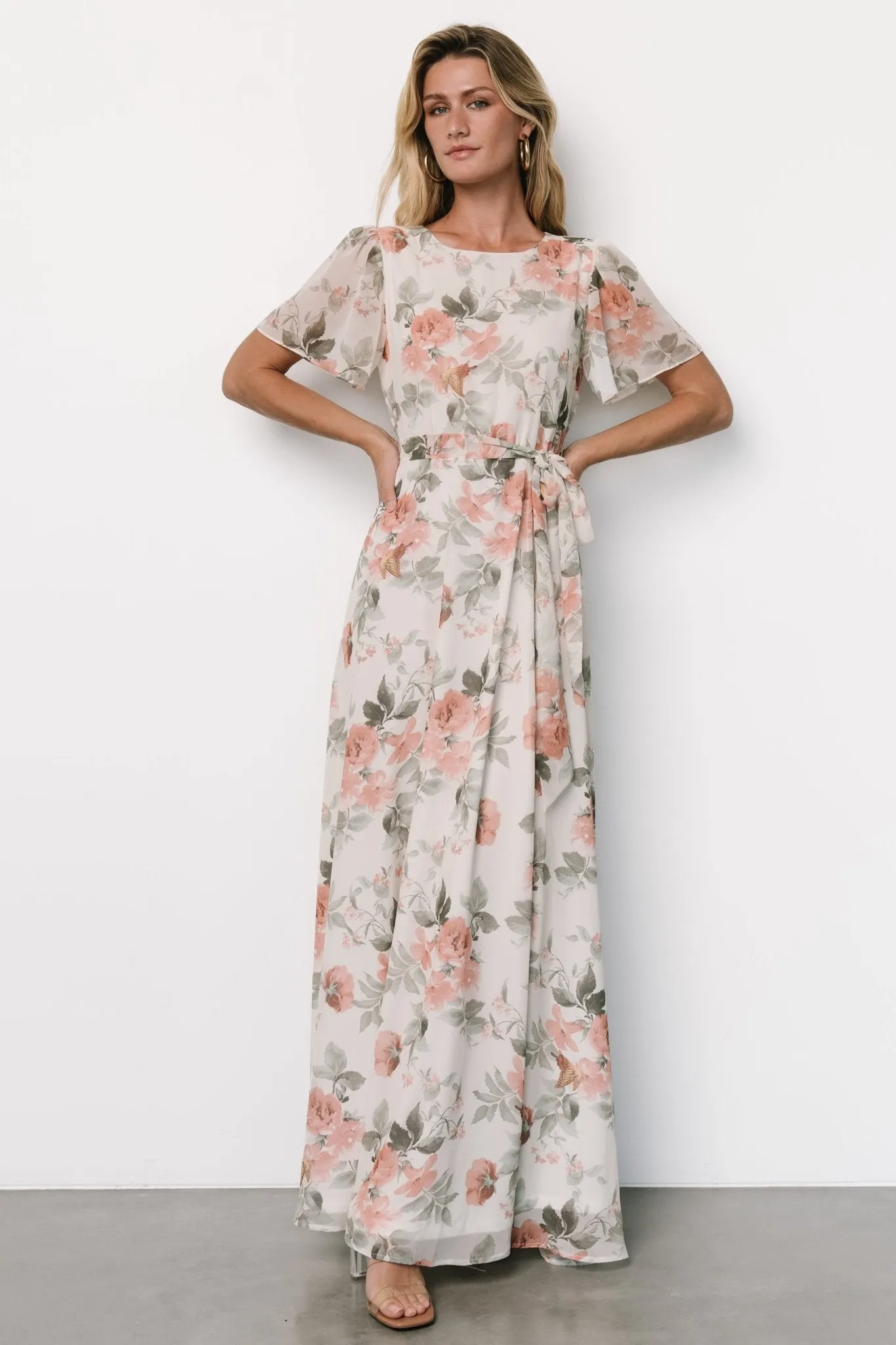 Naomi Short Sleeve Maxi Dress | Ivory + Coral Floral sold by Baltic Born