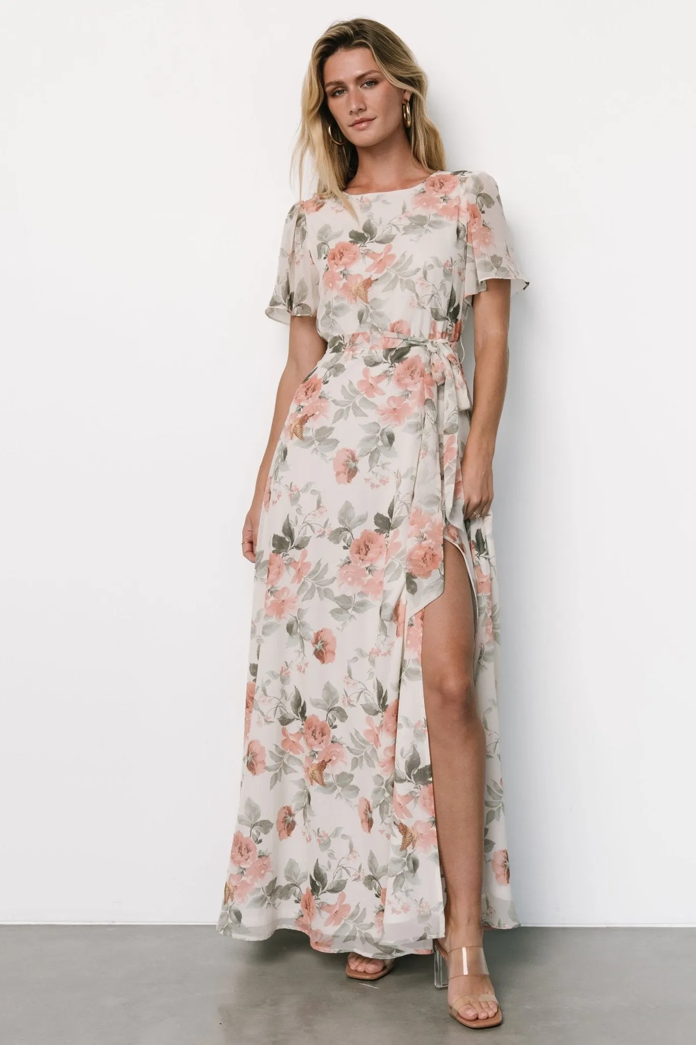 Naomi Short Sleeve Maxi Dress | Ivory + Coral Floral sold by Baltic Born product image thumbnail 4
