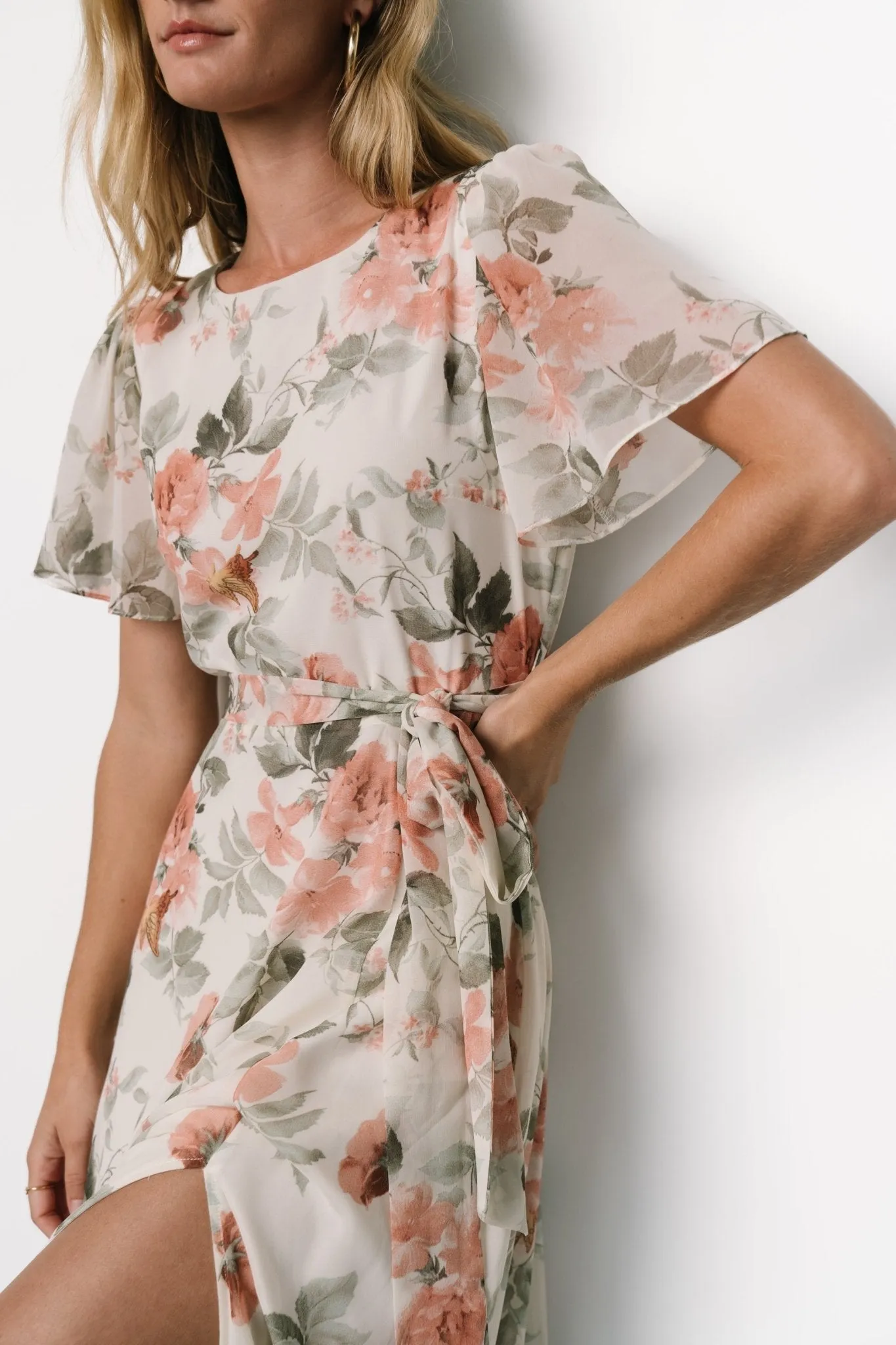 Naomi Short Sleeve Maxi Dress | Ivory + Coral Floral sold by Baltic Born product image thumbnail 2