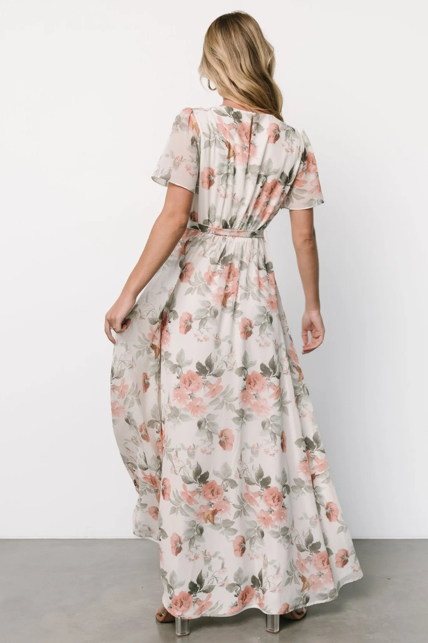 Naomi Short Sleeve Maxi Dress | Ivory + Coral Floral sold by Baltic Born product image thumbnail 5