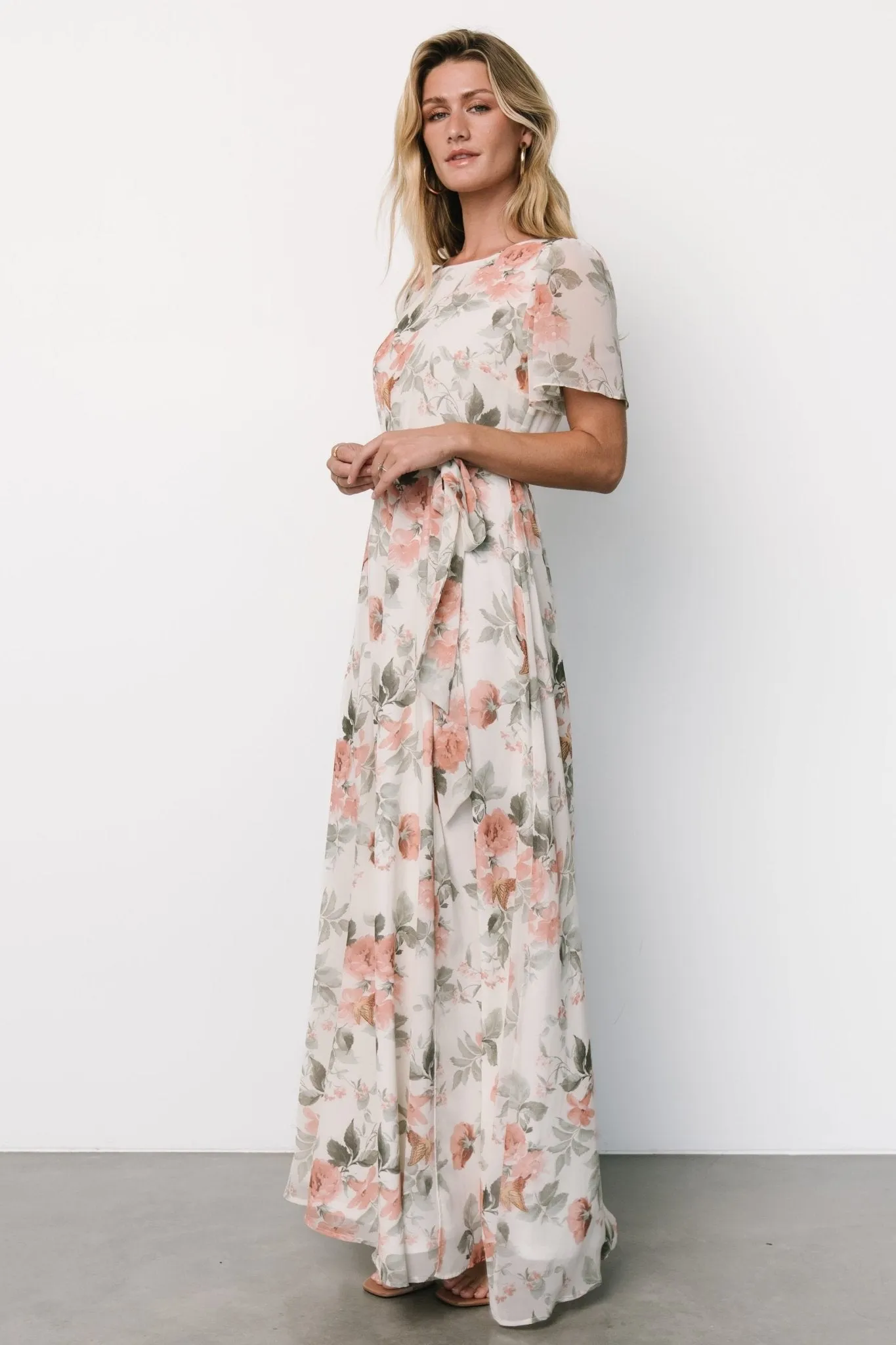 Naomi Short Sleeve Maxi Dress | Ivory + Coral Floral sold by Baltic Born product image thumbnail 3
