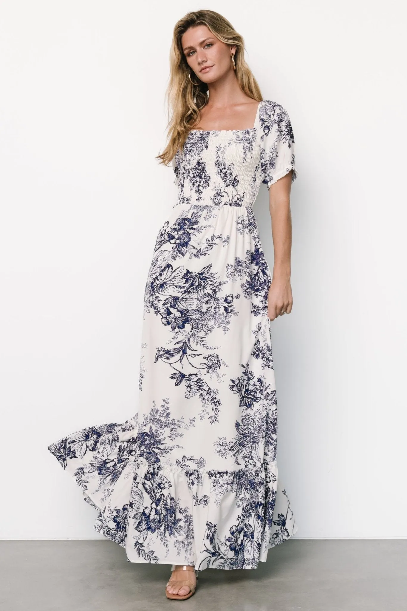 Capri Smocked Maxi Dress | Ivory + Blue Floral sold by Baltic Born product image thumbnail 3
