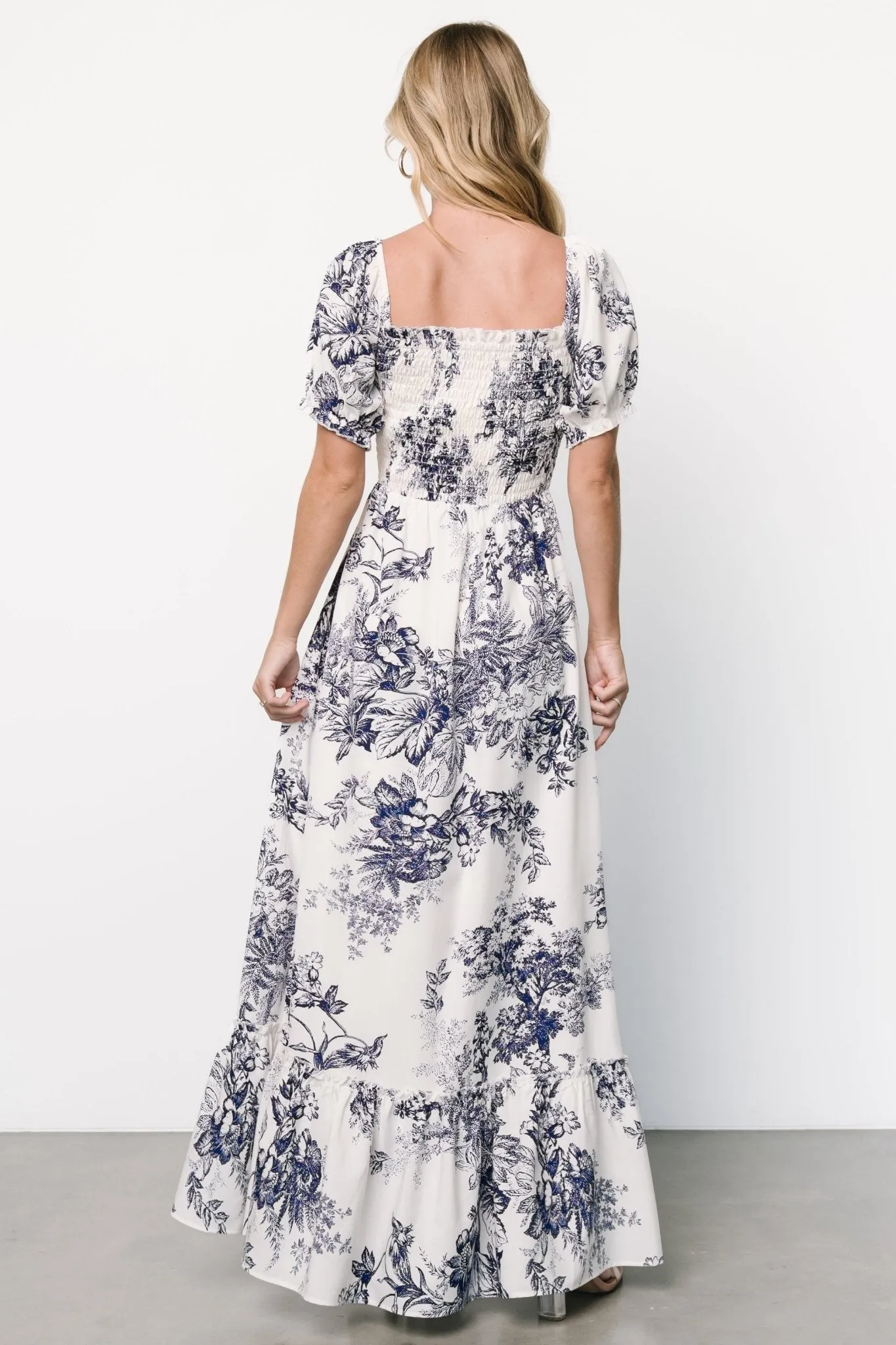 Capri Smocked Maxi Dress | Ivory + Blue Floral sold by Baltic Born product image thumbnail 5