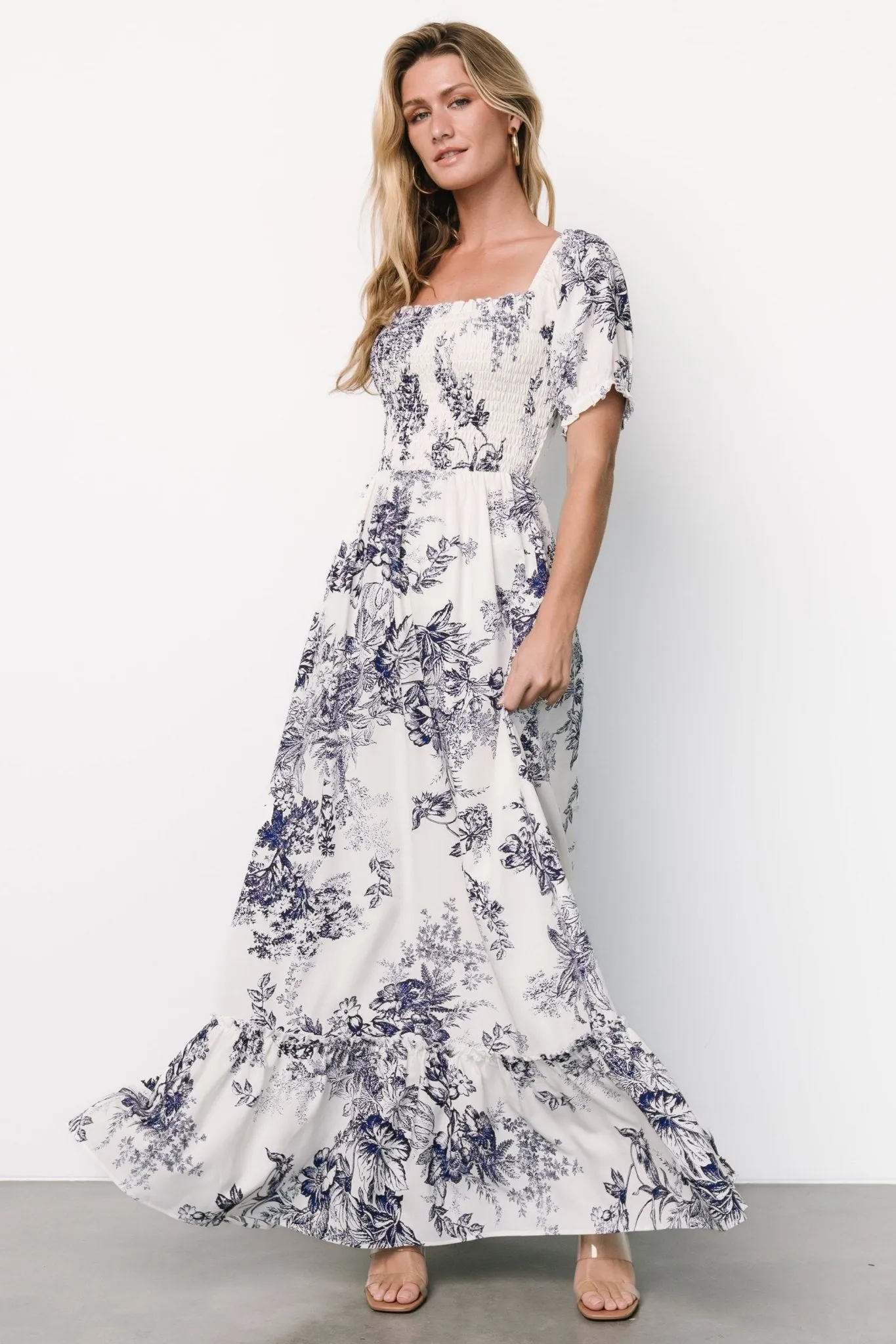 Capri Smocked Maxi Dress | Ivory + Blue Floral sold by Baltic Born product image thumbnail 4