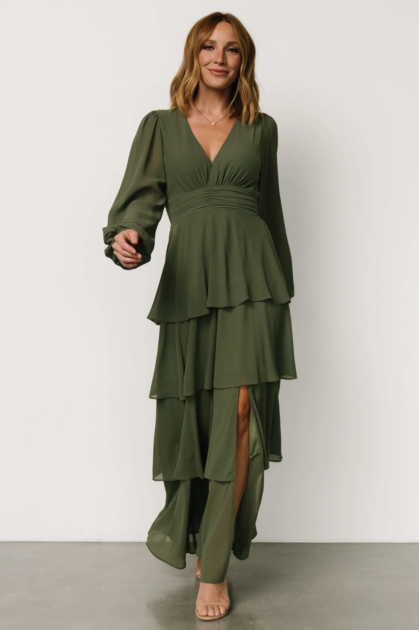 Mariella Tiered Maxi Dress | Dark Sage sold by Baltic Born