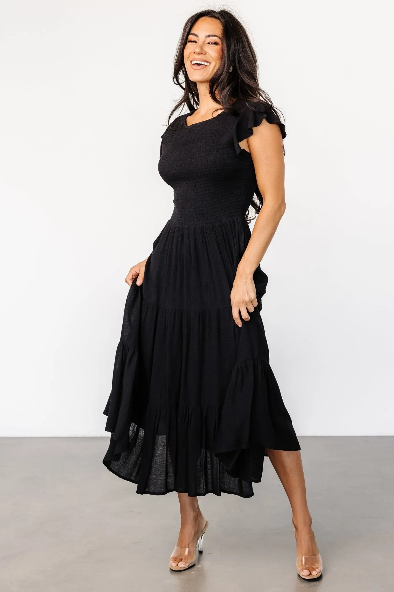 Loretta Smocked Midi Dress | Black sold by Baltic Born
