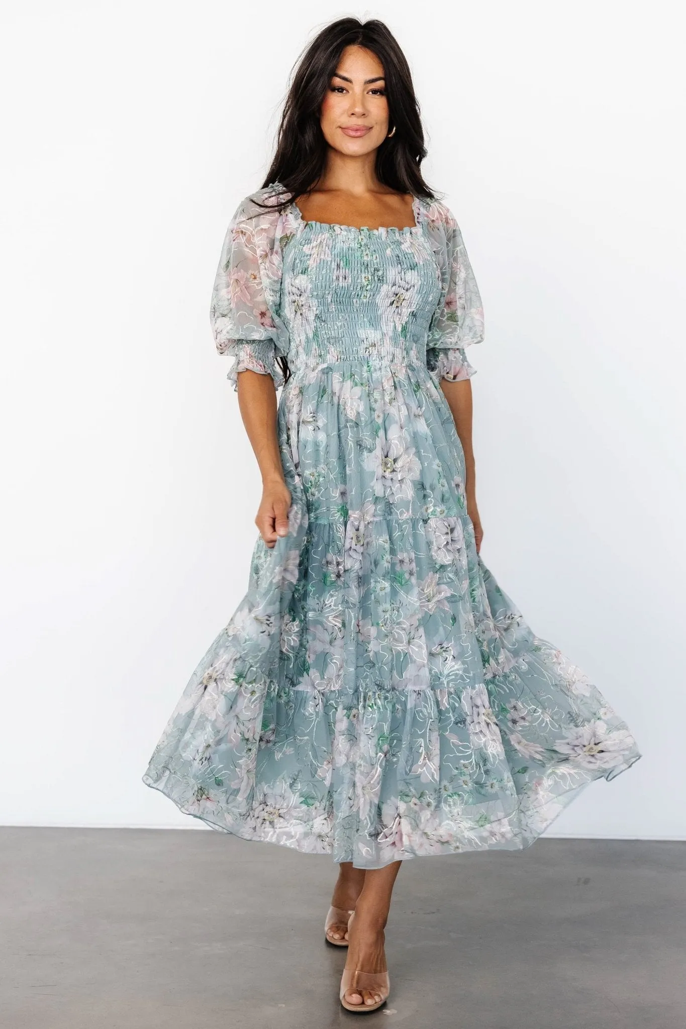 Fabian Jacquard Midi Dress | Light Sage + Blush sold by Baltic Born