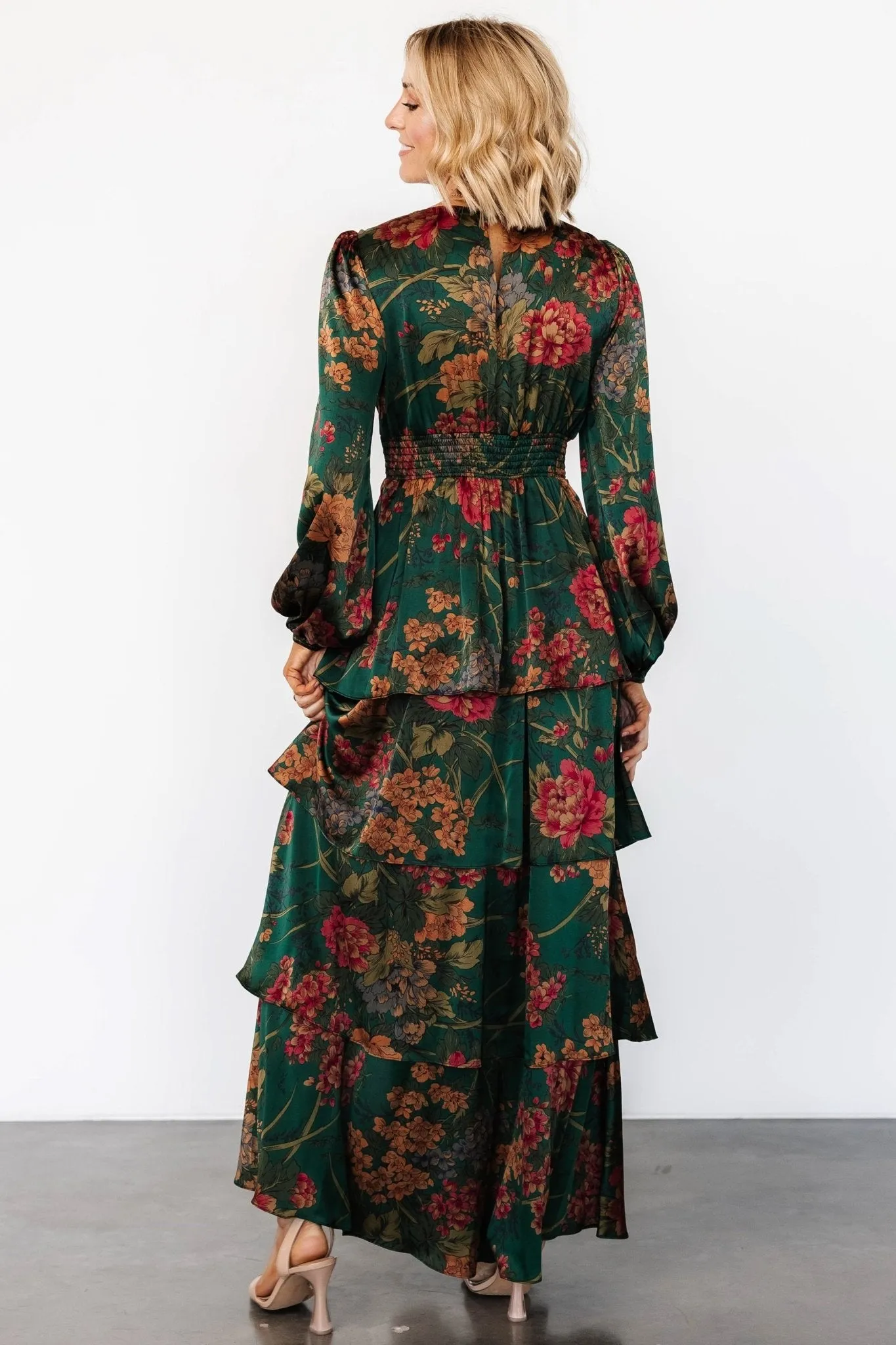 Montrouge Tiered Satin Dress | Emerald Floral sold by Baltic Born product image thumbnail 5