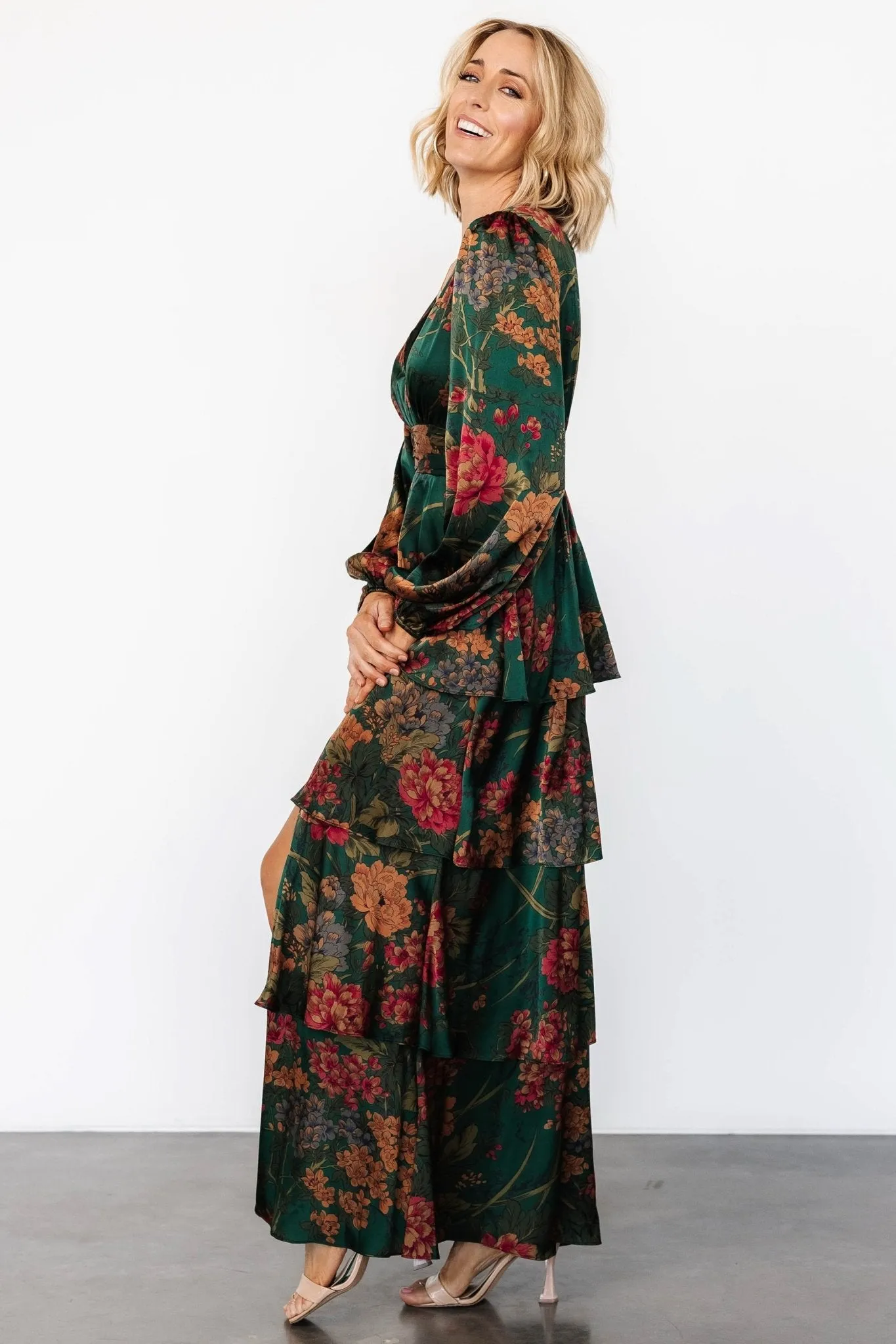 Montrouge Tiered Satin Dress | Emerald Floral sold by Baltic Born product image thumbnail 3