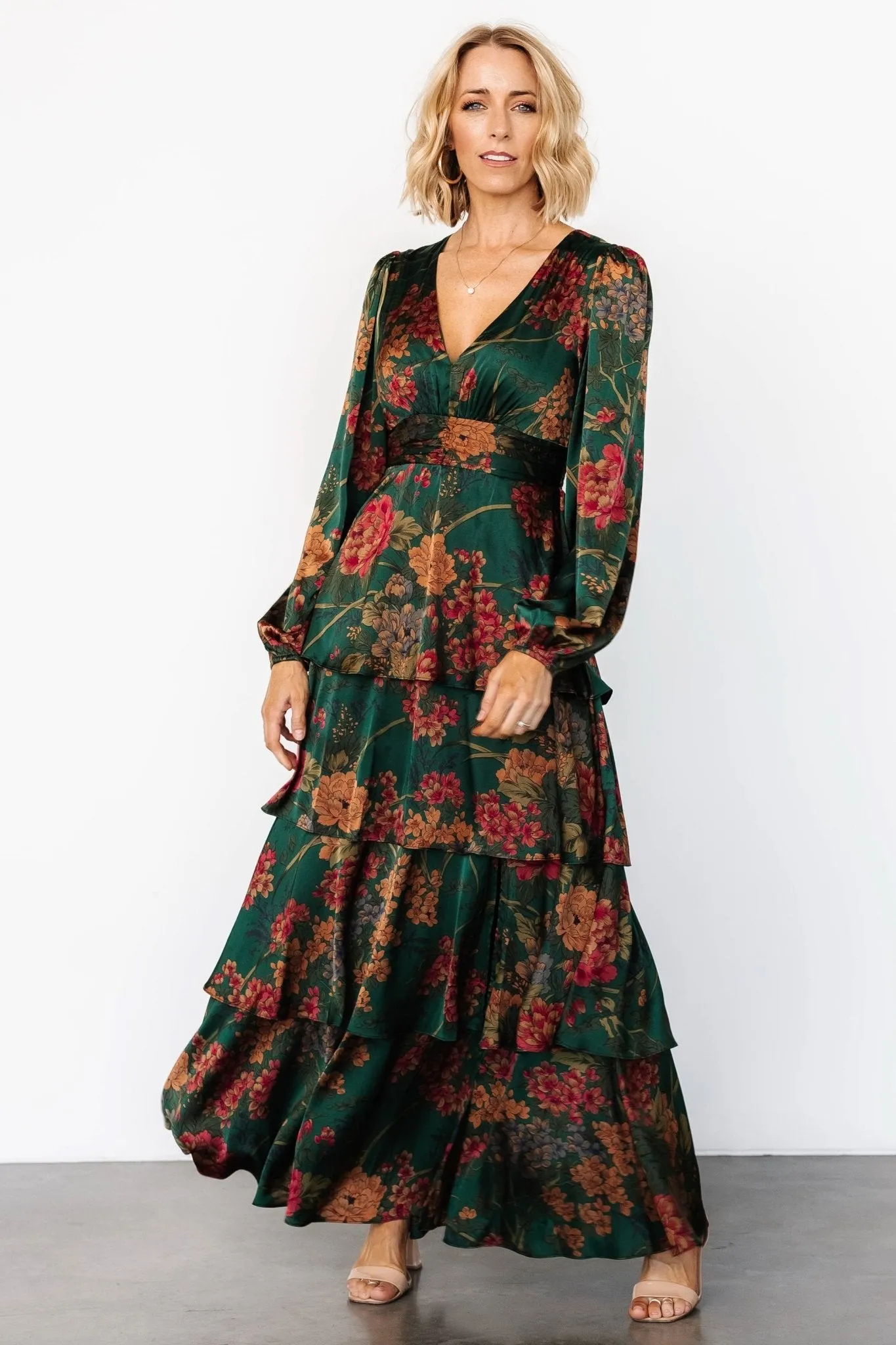 Montrouge Tiered Satin Dress | Emerald Floral sold by Baltic Born product image thumbnail 4