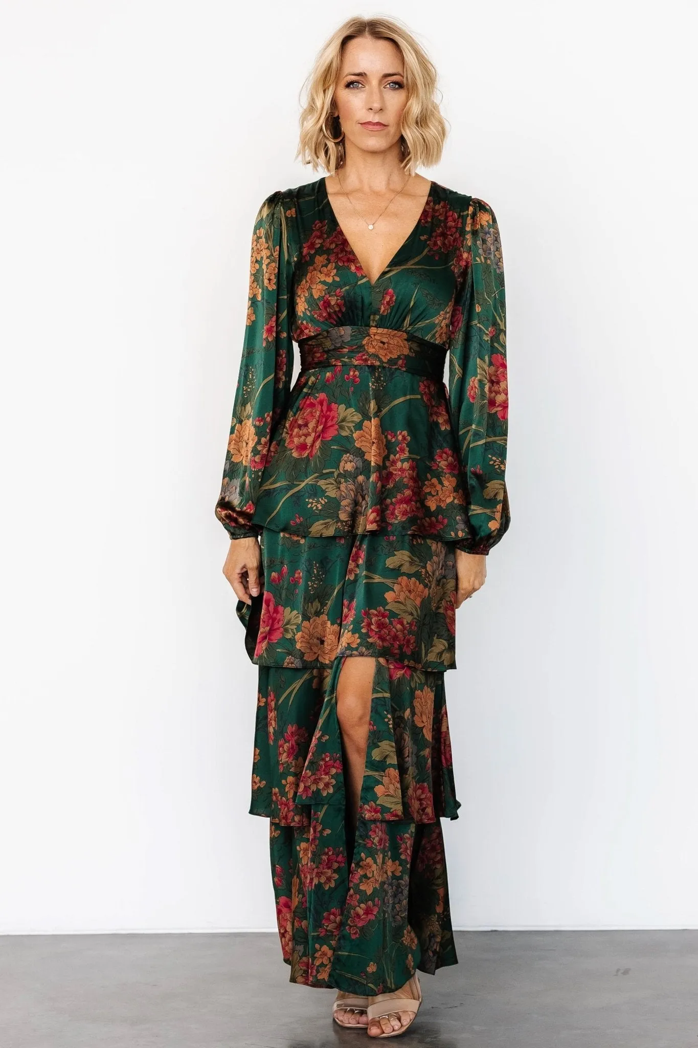 Montrouge Tiered Satin Dress | Emerald Floral sold by Baltic Born