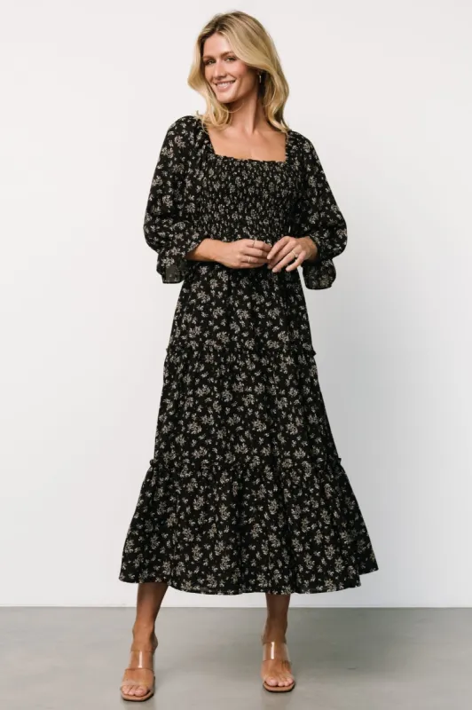 Margareta Tiered Dress | Black Floral sold by Baltic Born