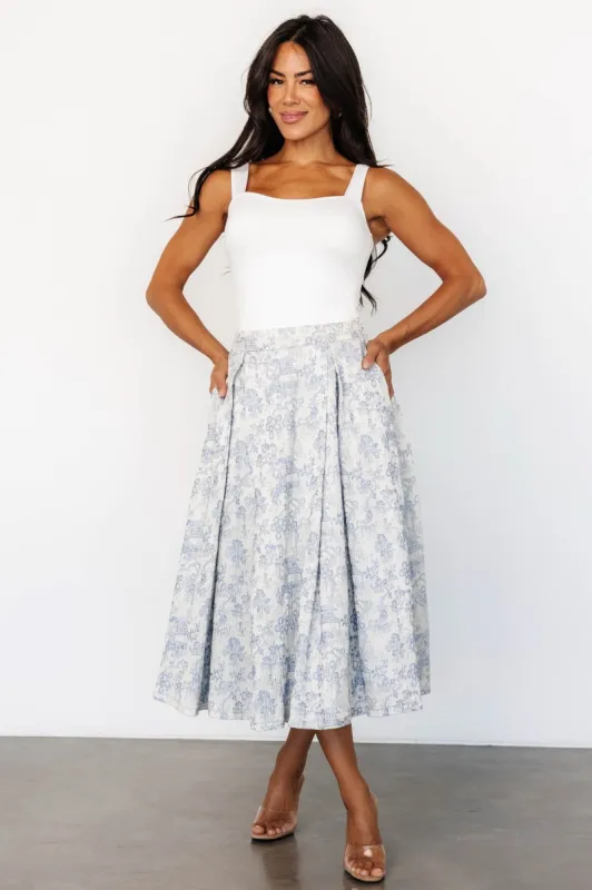 Jeanne Pleated Midi Skirt | Pearl + Light Blue sold by Baltic Born