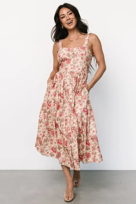 Jules Button Midi Dress | Cream + Pink sold by Baltic Born