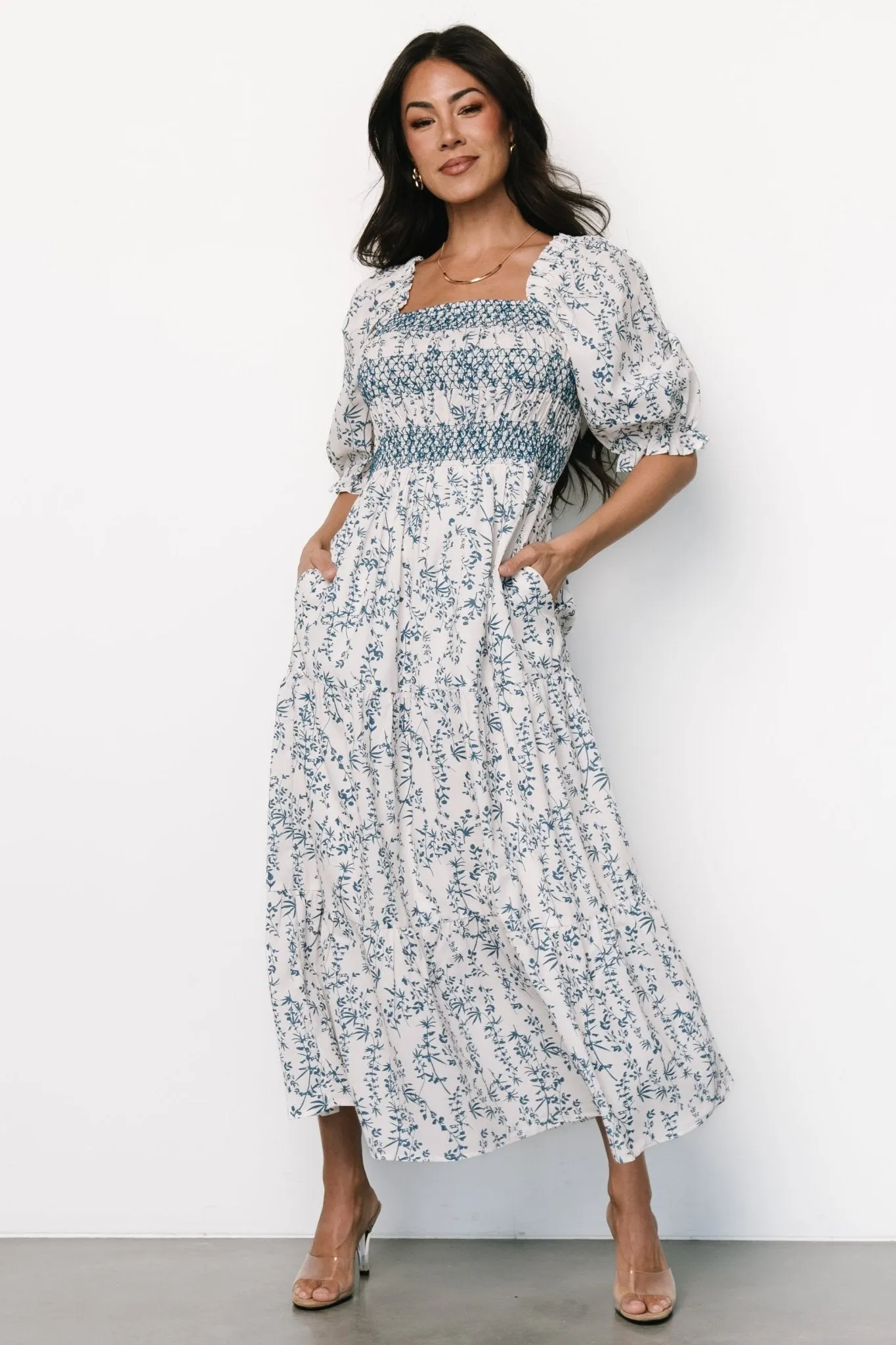 Tulsa Smocked Dress | Off White + Blue sold by Baltic Born product image thumbnail 4