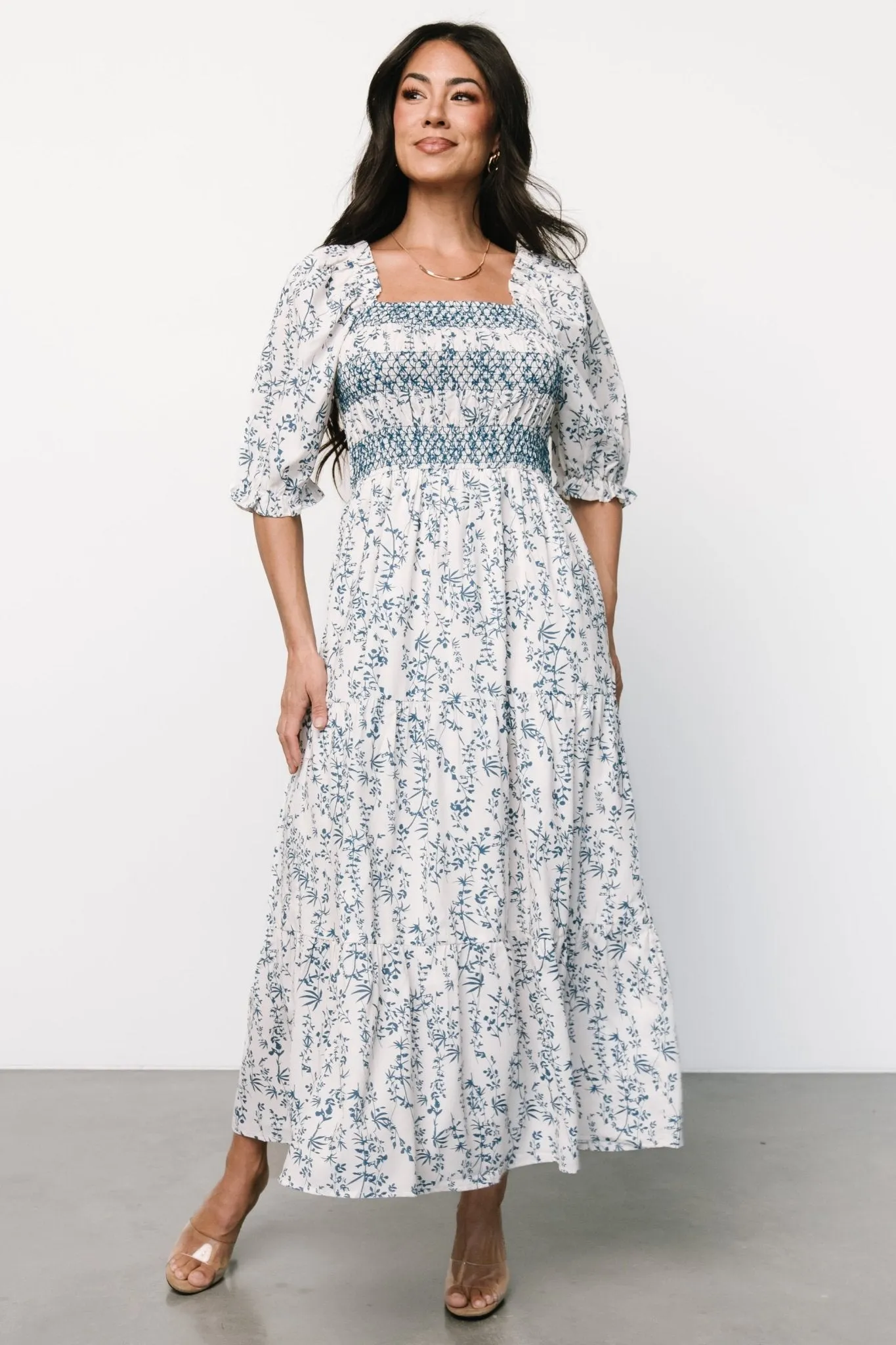 Tulsa Smocked Dress | Off White + Blue sold by Baltic Born