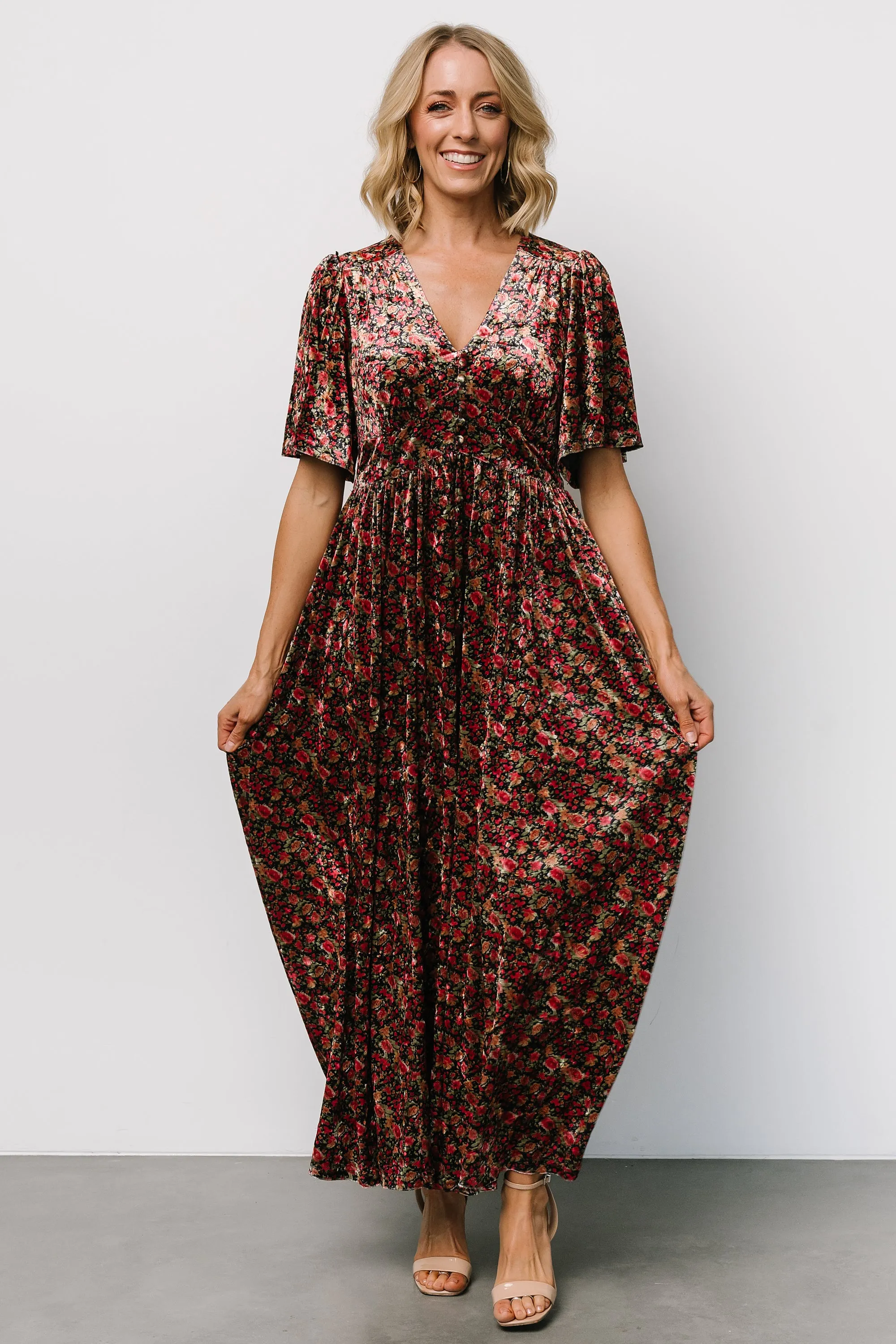 Irina Velvet Maxi Dress | Black Multi Floral sold by Baltic Born