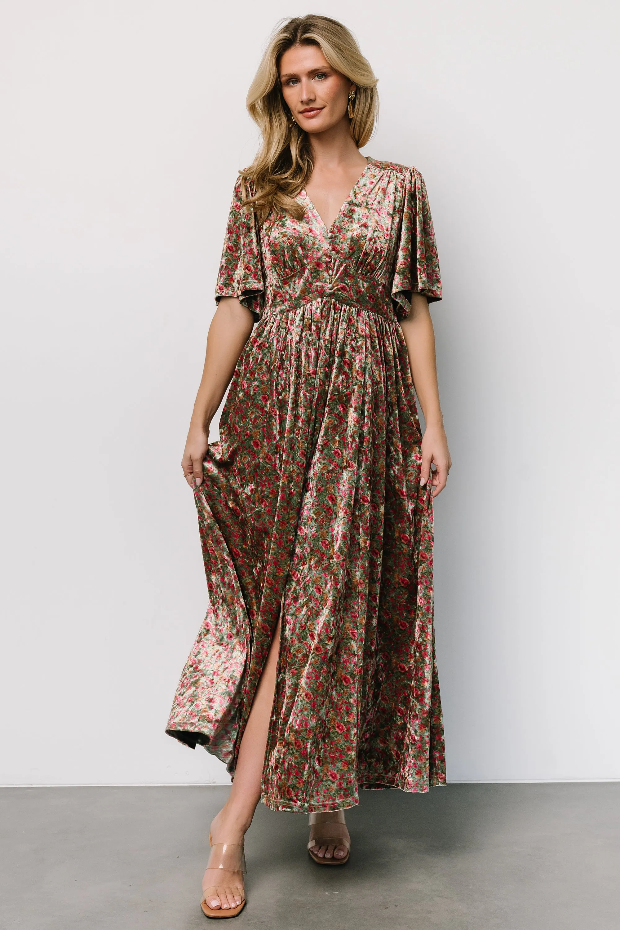 Irina Velvet Maxi Dress | Green Multi Floral sold by Baltic Born