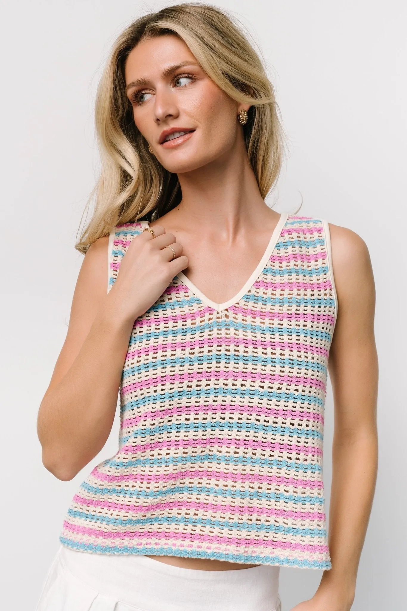 Mirella Open Knit Top | Blue + Pink Stripe sold by Baltic Born product image thumbnail 2