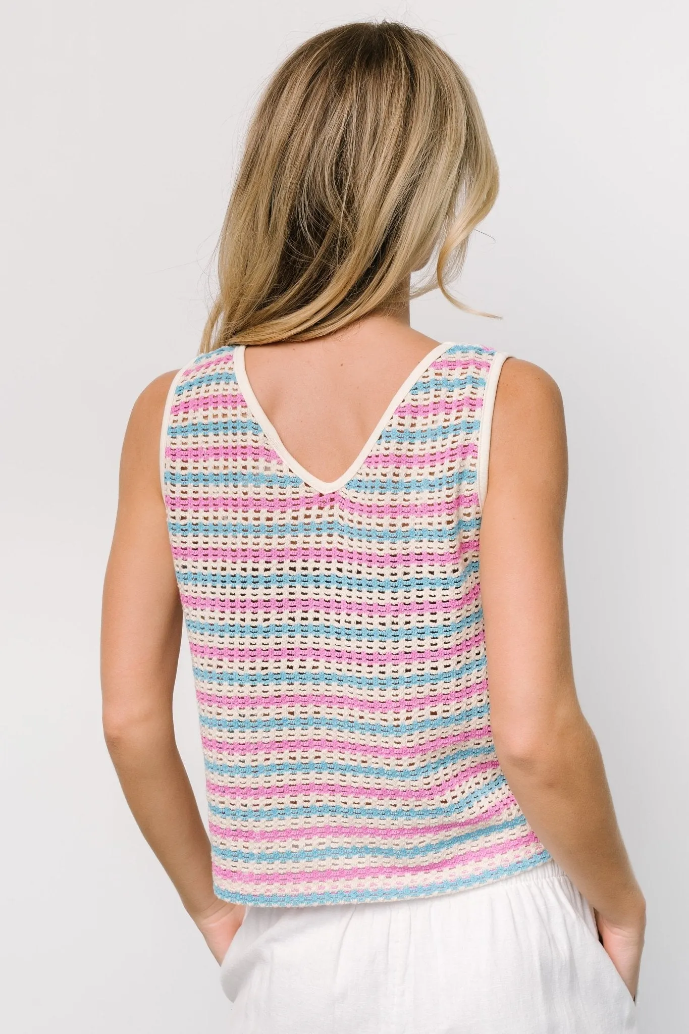 Mirella Open Knit Top | Blue + Pink Stripe sold by Baltic Born product image thumbnail 4