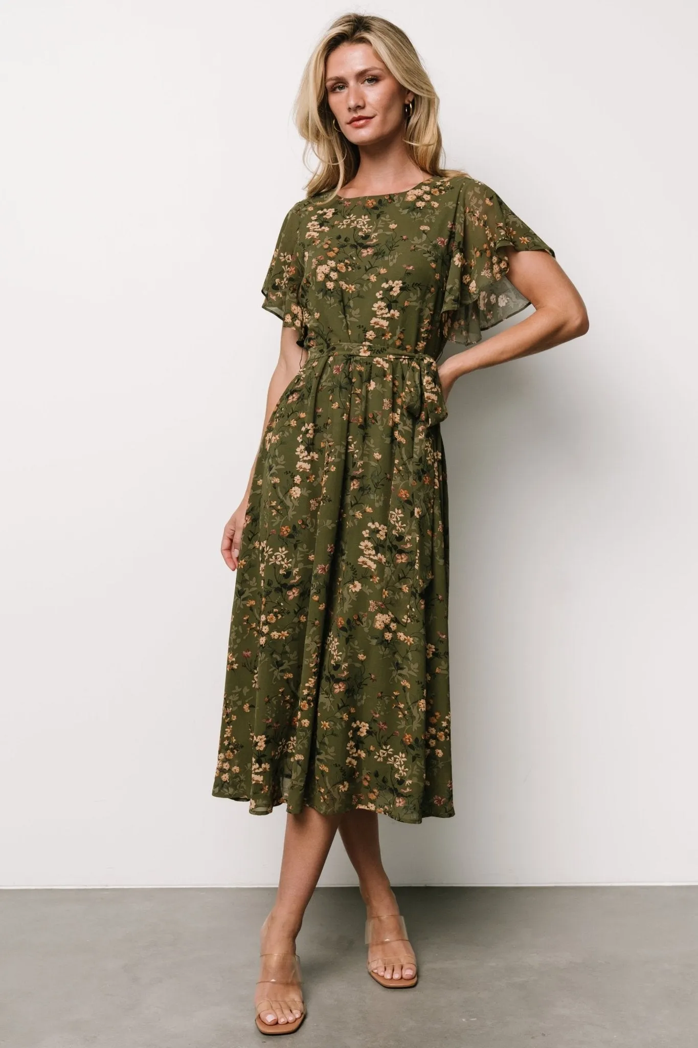 Laurel Midi Dress | Olive Floral sold by Baltic Born