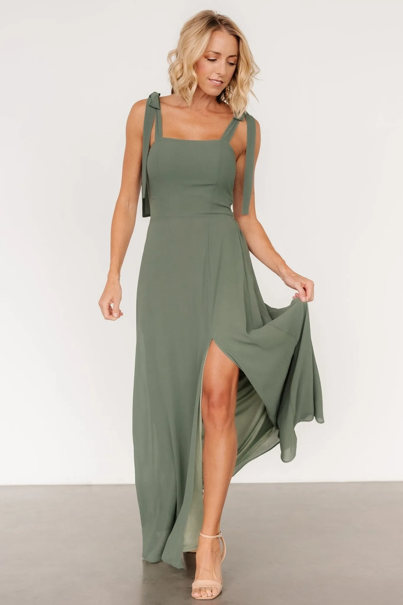 Necia Tie Shoulder Maxi Dress | Dark Sage sold by Baltic Born