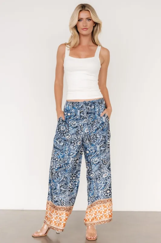 Zora Boho Satin Pants | Blue Multi Print sold by Baltic Born