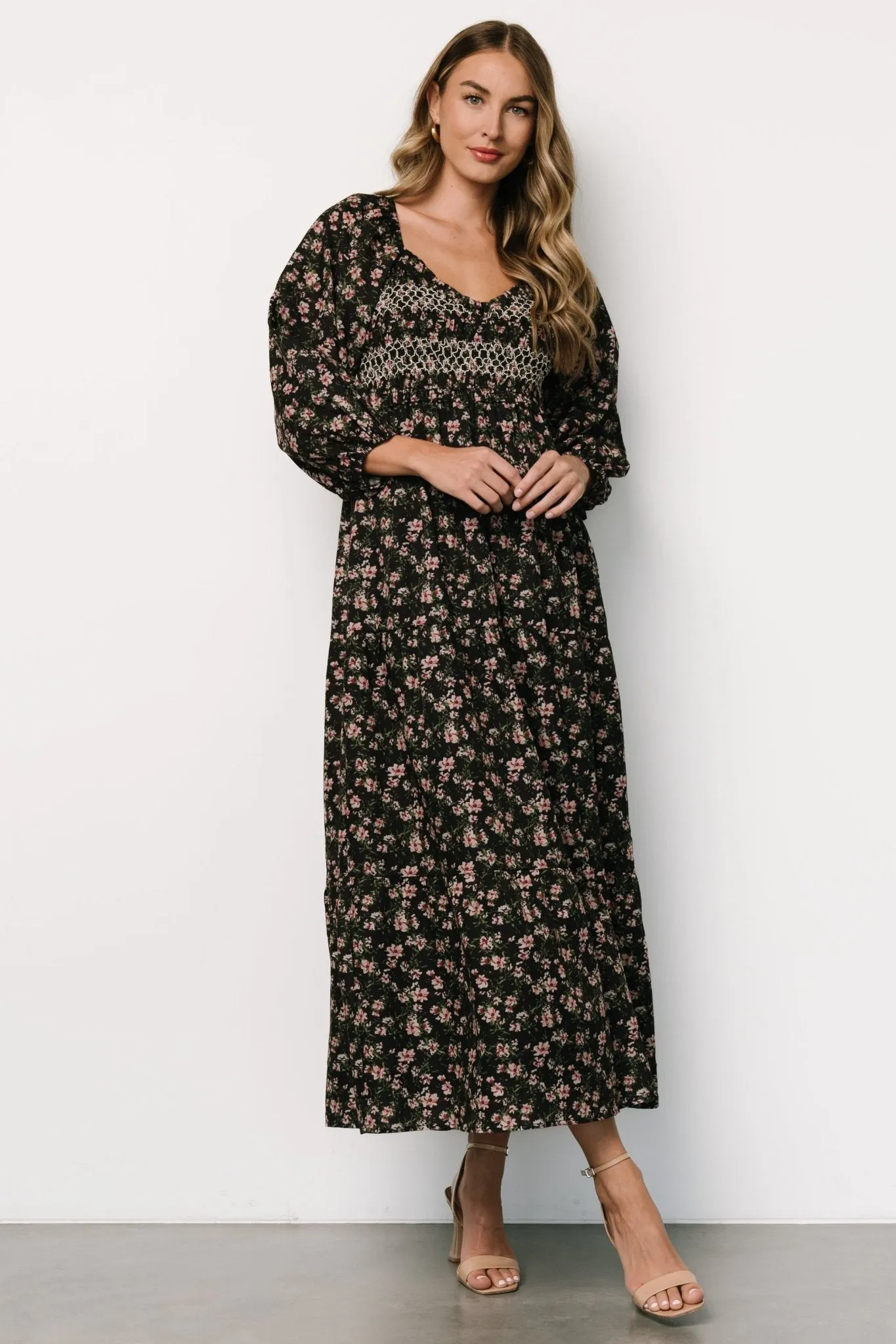 Louisa Smocked Maxi Dress | Black Floral sold by Baltic Born