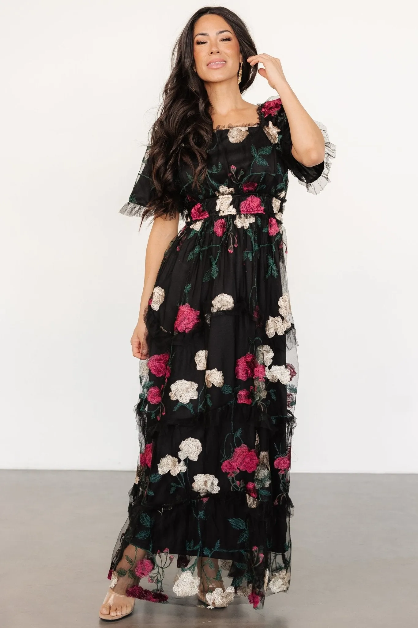 Allison Embroidered Tulle Maxi Dress | Black Multi sold by Baltic Born