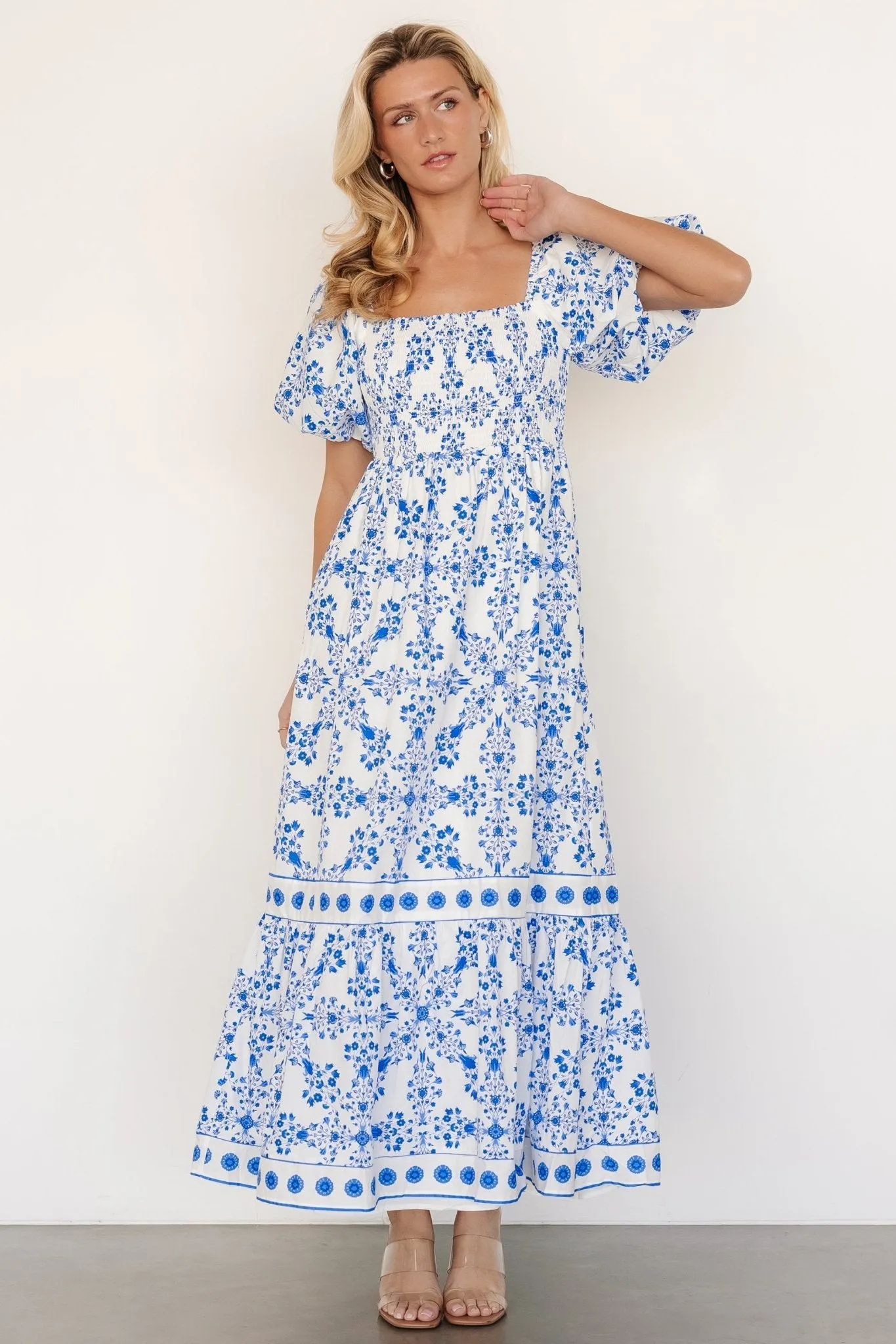 Lexa Smocked Maxi Dress | Off White + Blue Floral sold by Baltic Born product image thumbnail 5