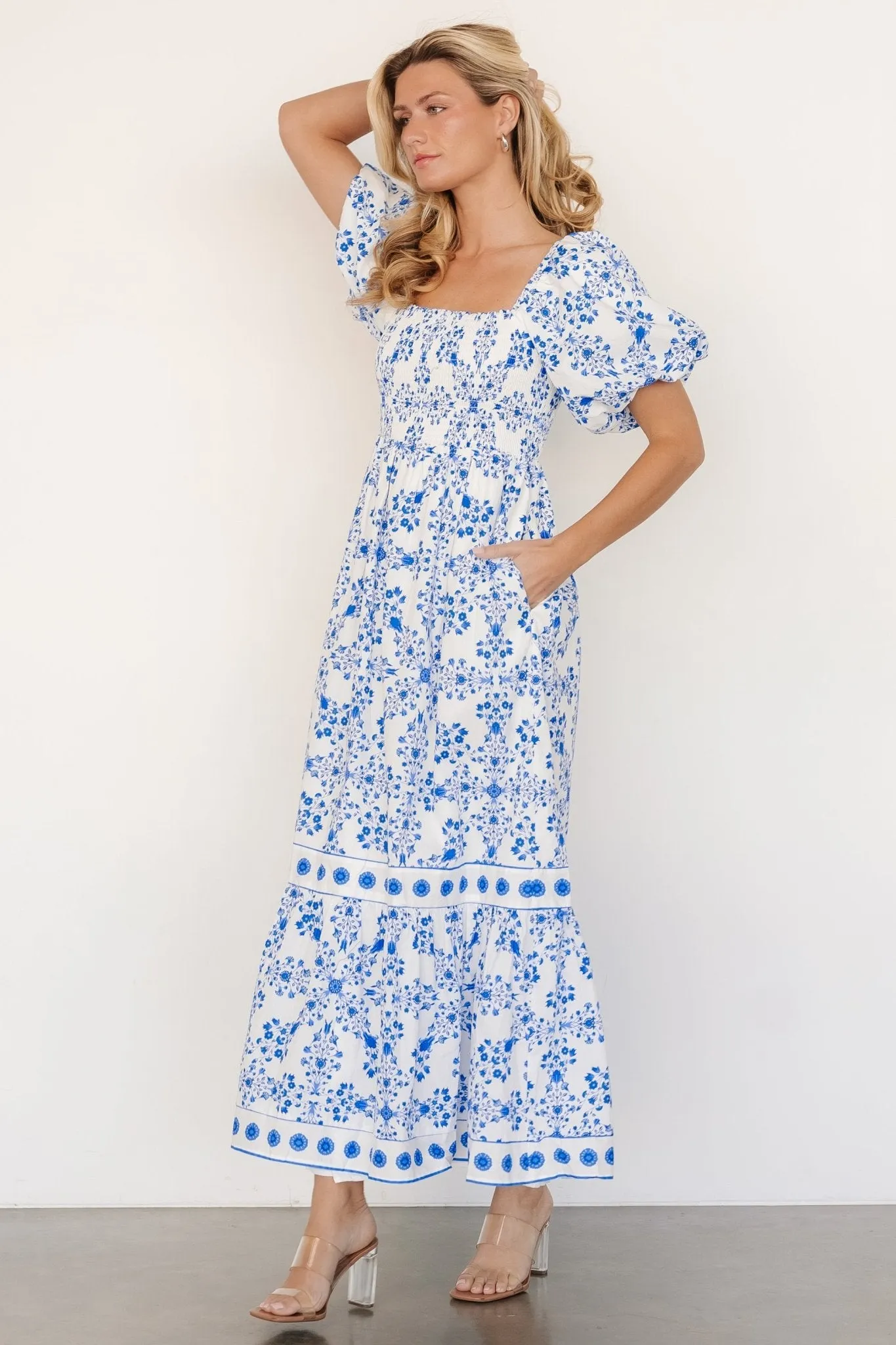 Lexa Smocked Maxi Dress | Off White + Blue Floral sold by Baltic Born product image thumbnail 3