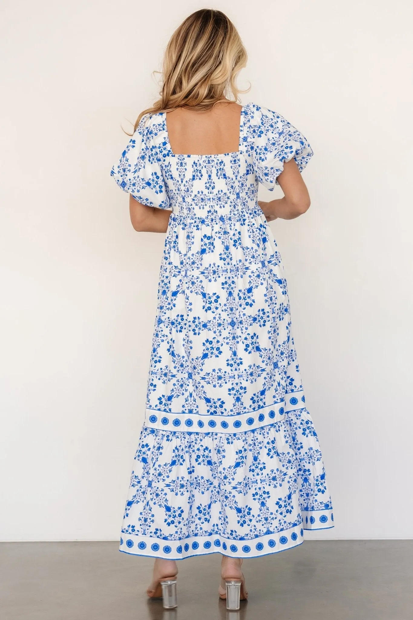 Lexa Smocked Maxi Dress | Off White + Blue Floral sold by Baltic Born product image thumbnail 4
