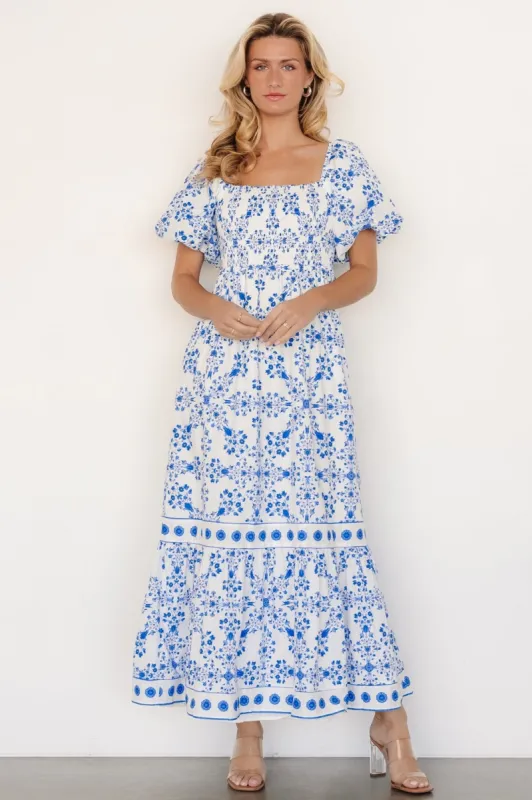 Lexa Smocked Maxi Dress | Off White + Blue Floral sold by Baltic Born