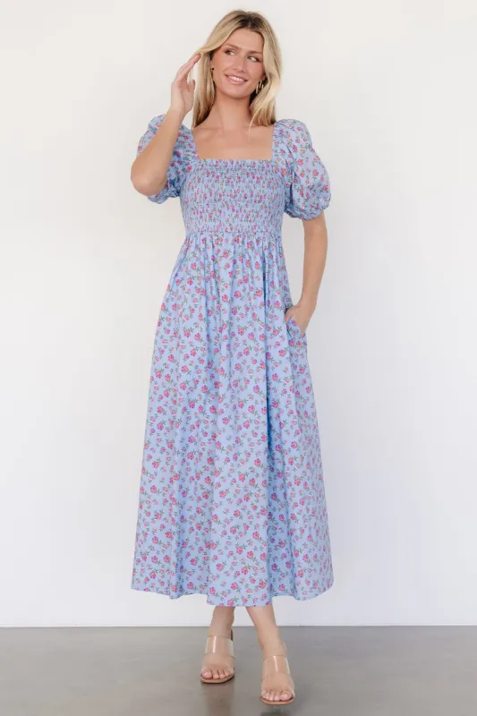 Haddie Smocked Midi Dress | Light Blue + Rose Floral sold by Baltic Born