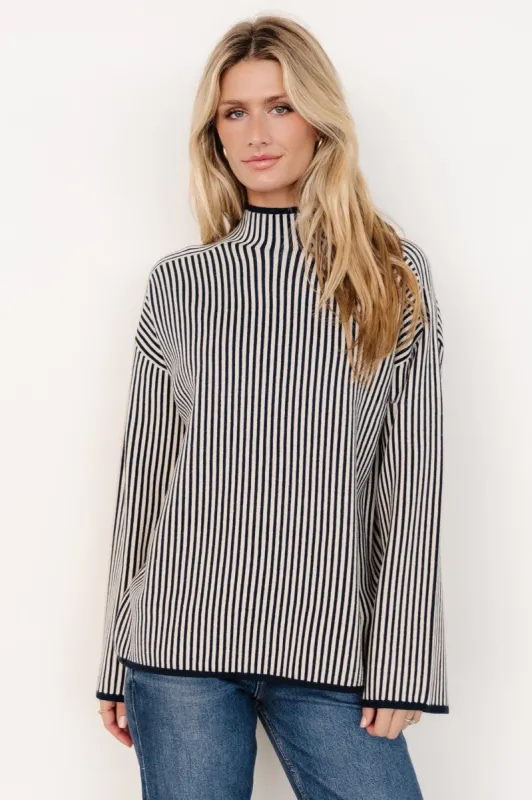 Kat Mock Neck Sweater | Navy Stripe sold by Baltic Born