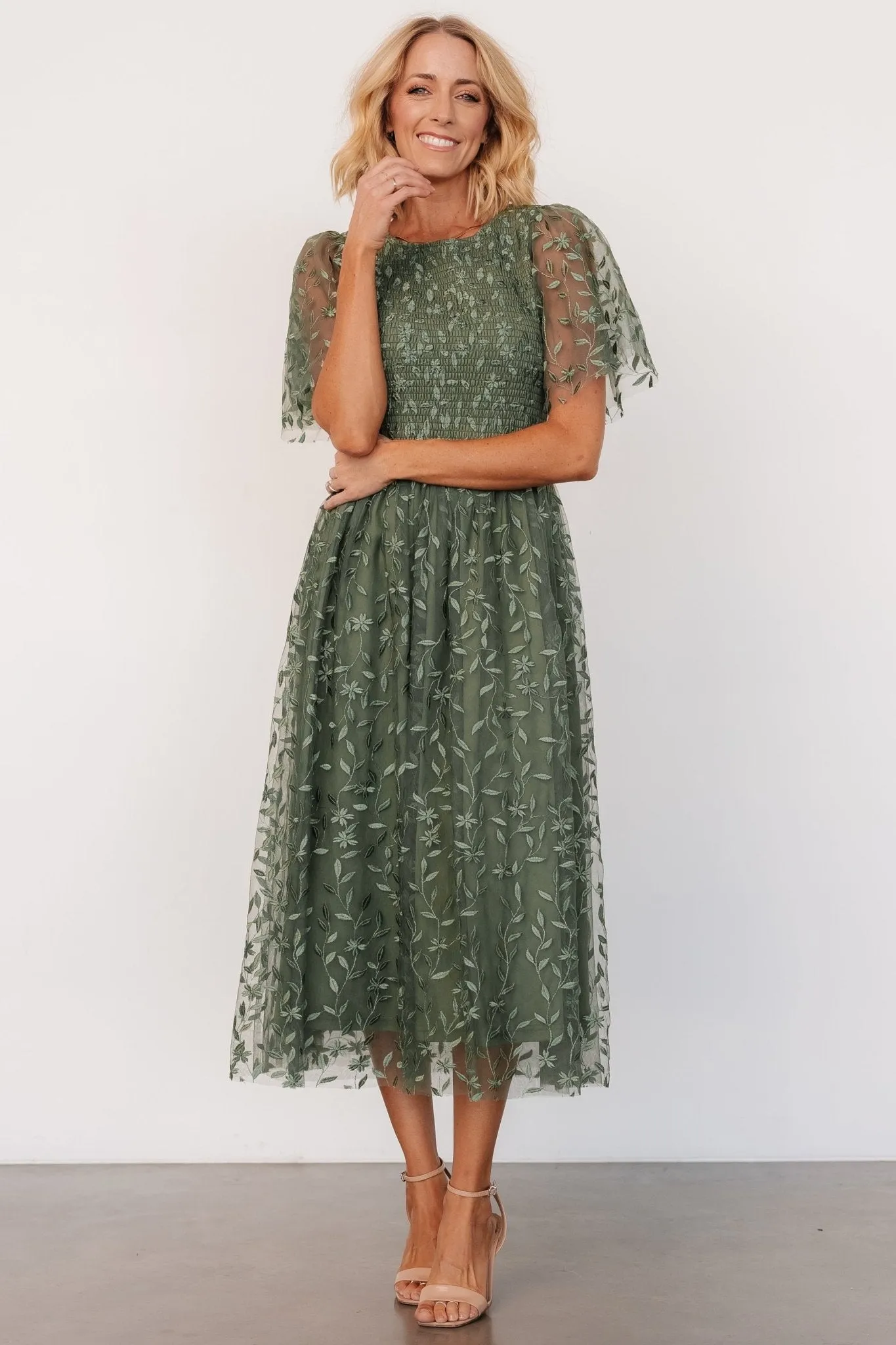 Kendra Embroidered Dress | Dark Sage sold by Baltic Born product image thumbnail 5