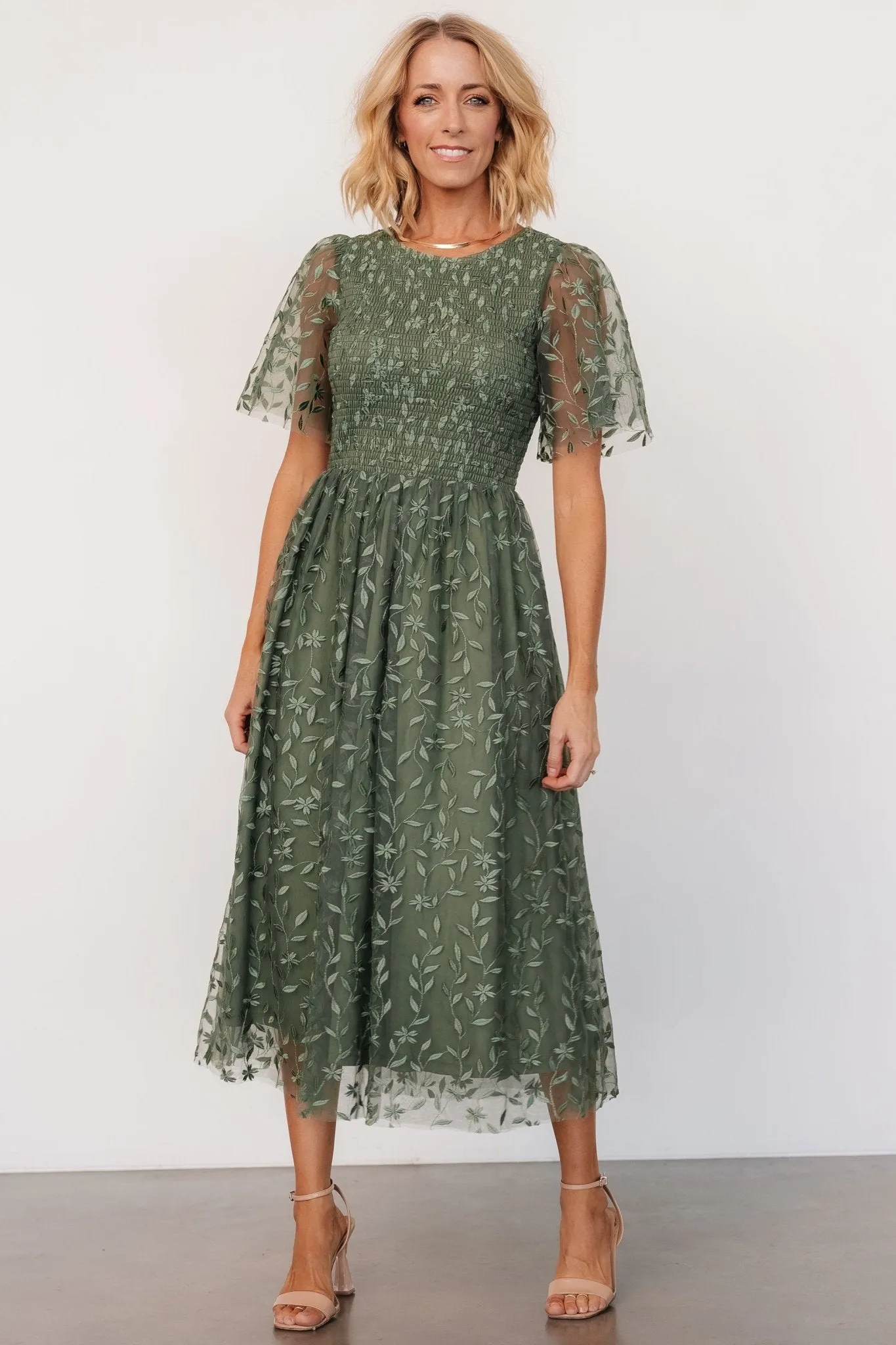 Kendra Embroidered Dress | Dark Sage sold by Baltic Born