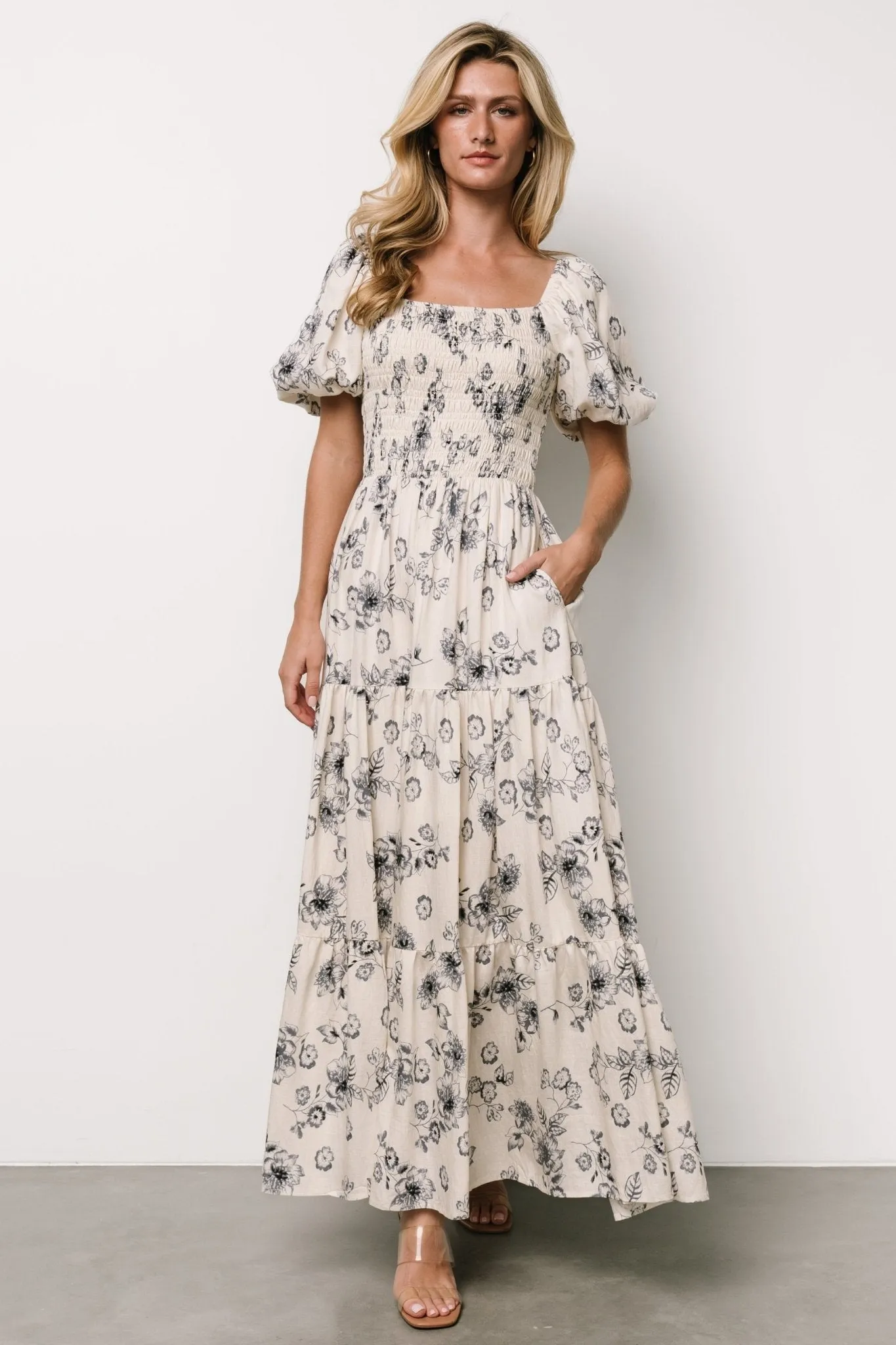 Susanna Smocked Maxi Dress | Ivory + Blue Floral sold by Baltic Born product image thumbnail 5