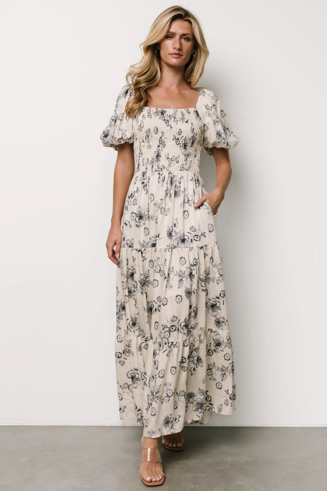 Susanna Smocked Maxi Dress | Ivory + Blue Floral sold by Baltic Born