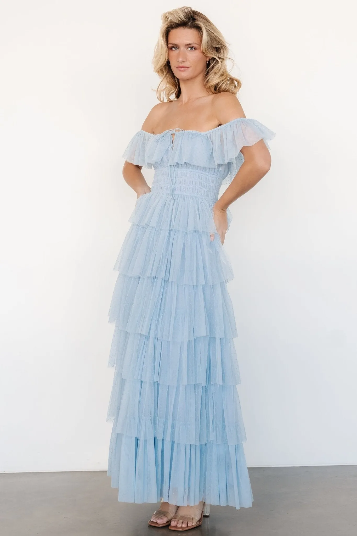 Valora Swiss Dot Tulle Maxi Dress | Light Blue sold by Baltic Born