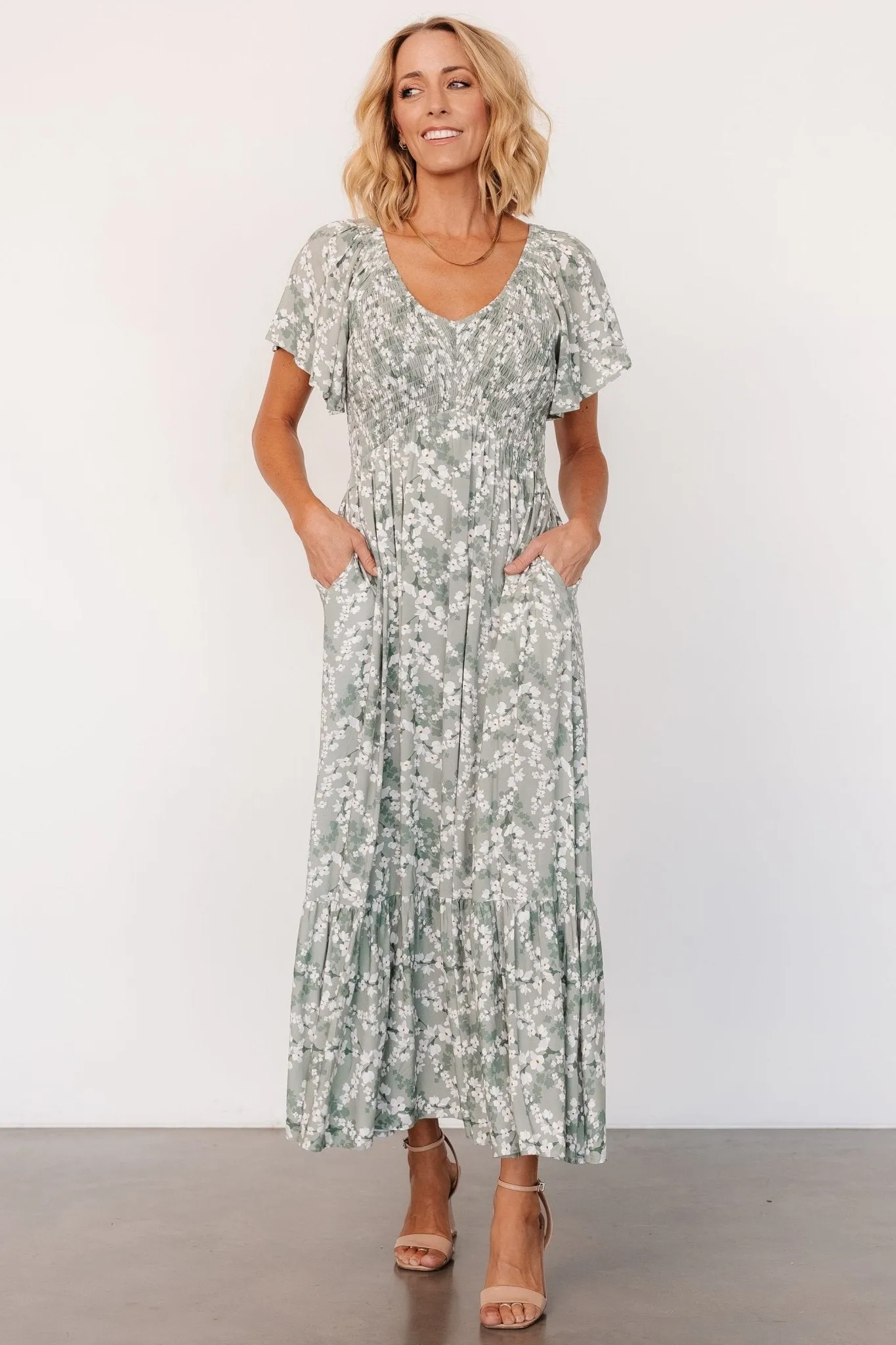 Joanie Smocked Dress | Sage + Off White Floral sold by Baltic Born product image thumbnail 5