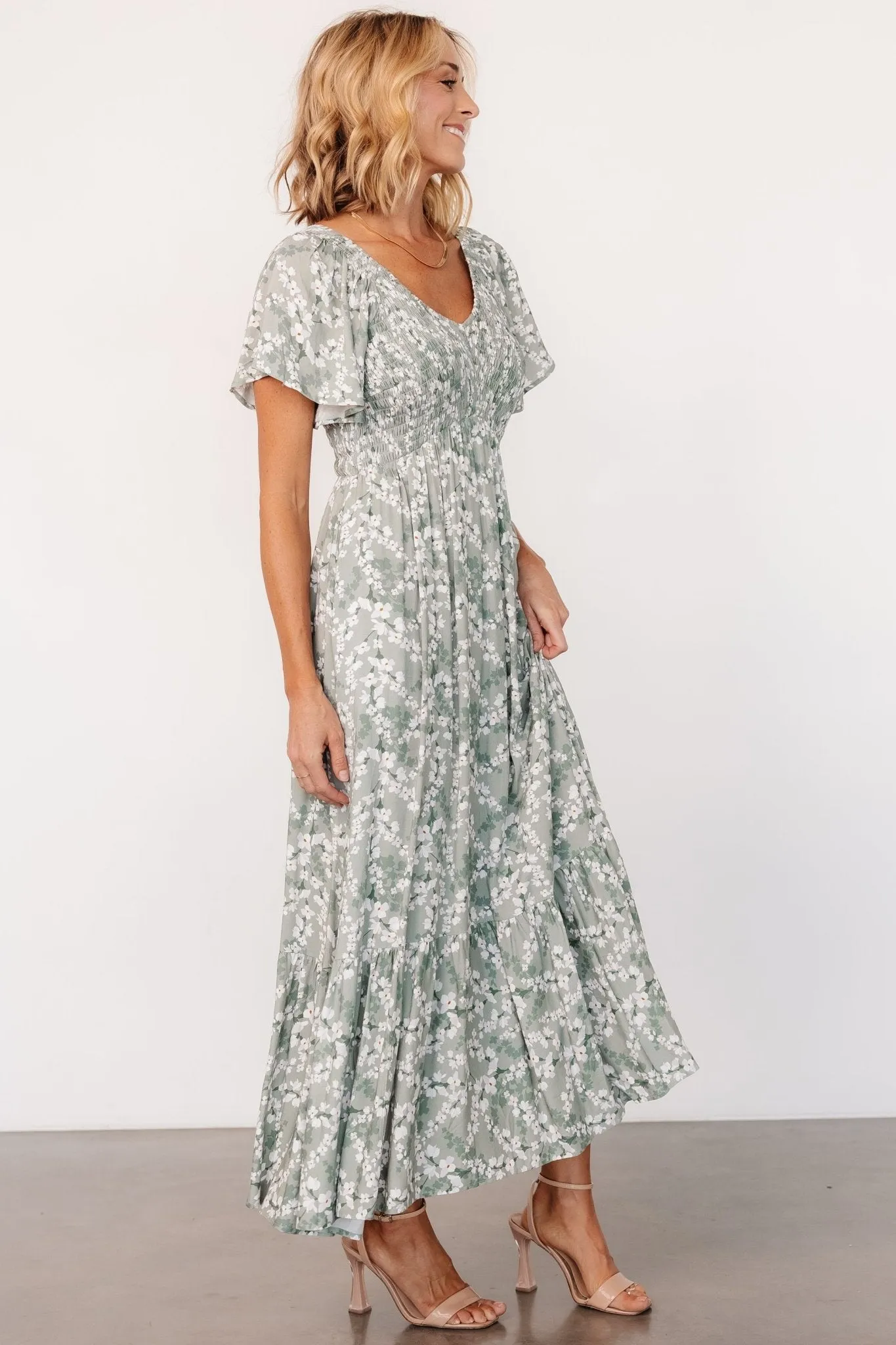 Joanie Smocked Dress | Sage + Off White Floral sold by Baltic Born product image thumbnail 3