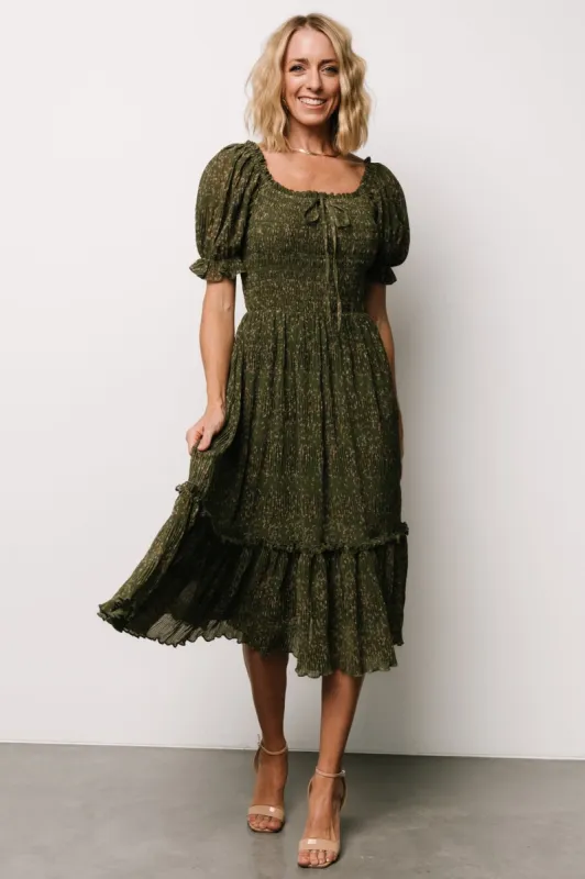 Beatrice Smocked Midi Dress | Olive Floral sold by Baltic Born