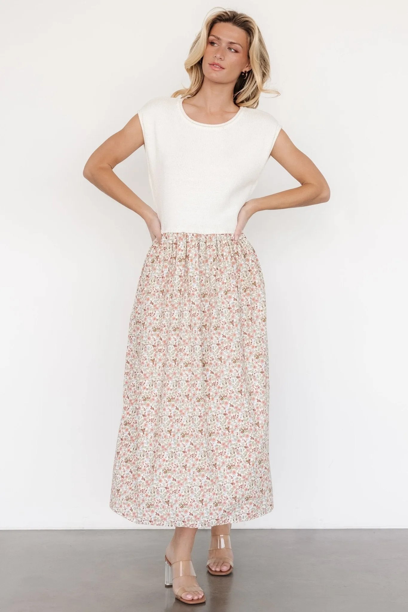 Myra Sweater Dress | Ivory + Coral Floral sold by Baltic Born