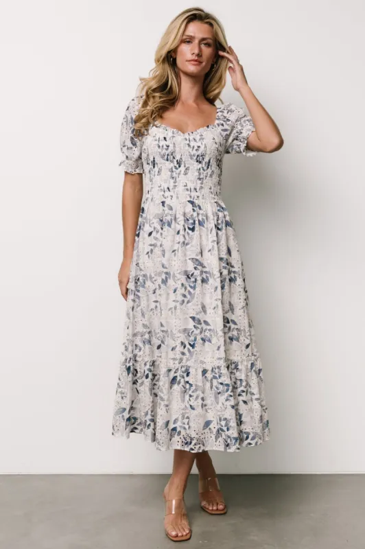 Piper Eyelet Midi Dress | Off White + Blue Floral sold by Baltic Born